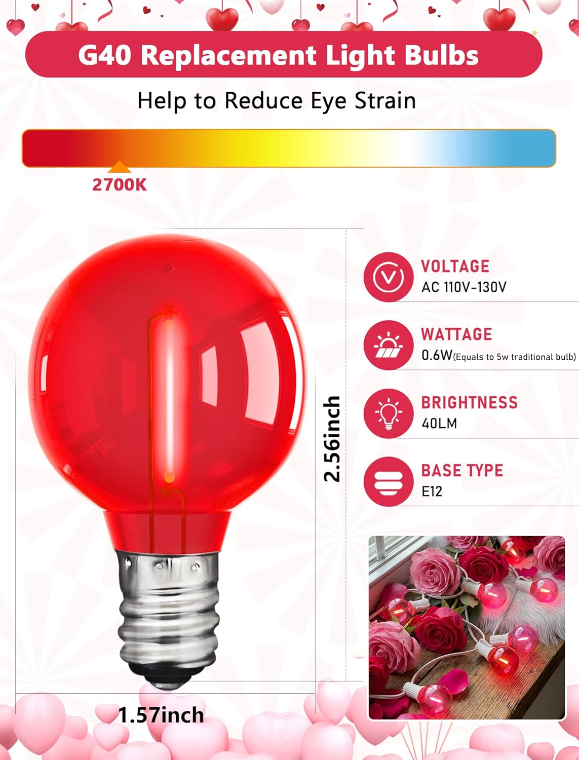 25 Pack Valentine's Day G40 LED Red and Pink Replacement Light Bulbs, Shatterproof G40 LED Globe Lights Bulbs for Outdoor Patio String Lights Valentines Party Decor, E12 C7 Candelabra Base, 2700K