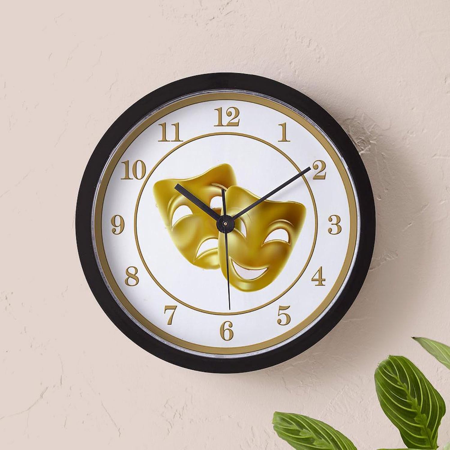 CafePress Golden Theater Masks of Comedy and Tragedy Wall Cl 10" Wall Clock for Livingroom, Kitchen, or Office