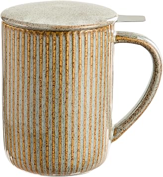 Yundu 15.5oz/470ml Ceramics Teacups with Infuser and Lid, Loose Leaf Tea Cup - Flambe Grey