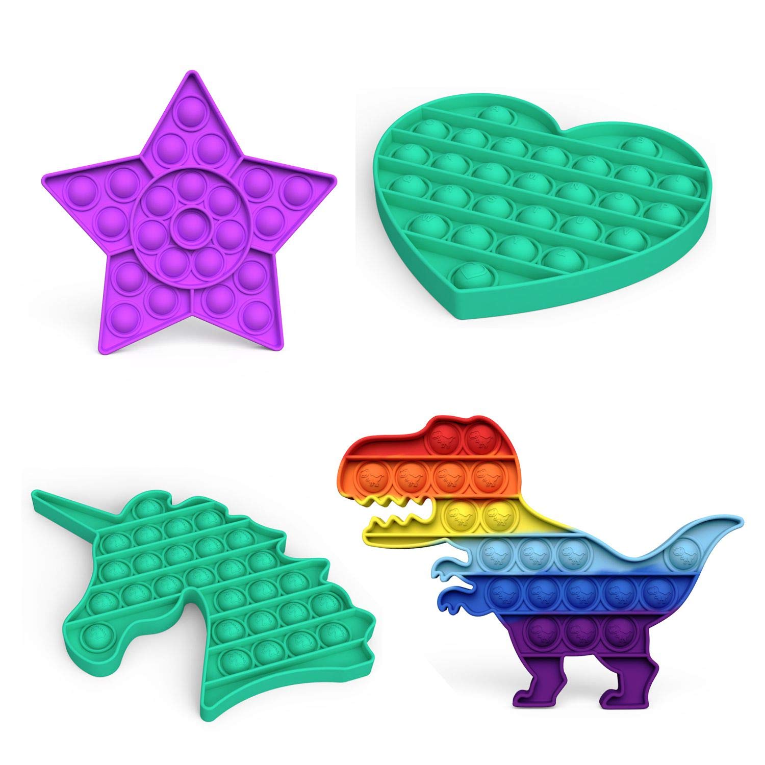 LEERUI Pop Rainbow Bubble Push Sensory Fidget Toy, Pop Educational School Game Crafts Gift, Silicone Stress Reliever, for Kids Teen(4P-Dinosaur+Unicorn+Five-Pointed Star+Heart)