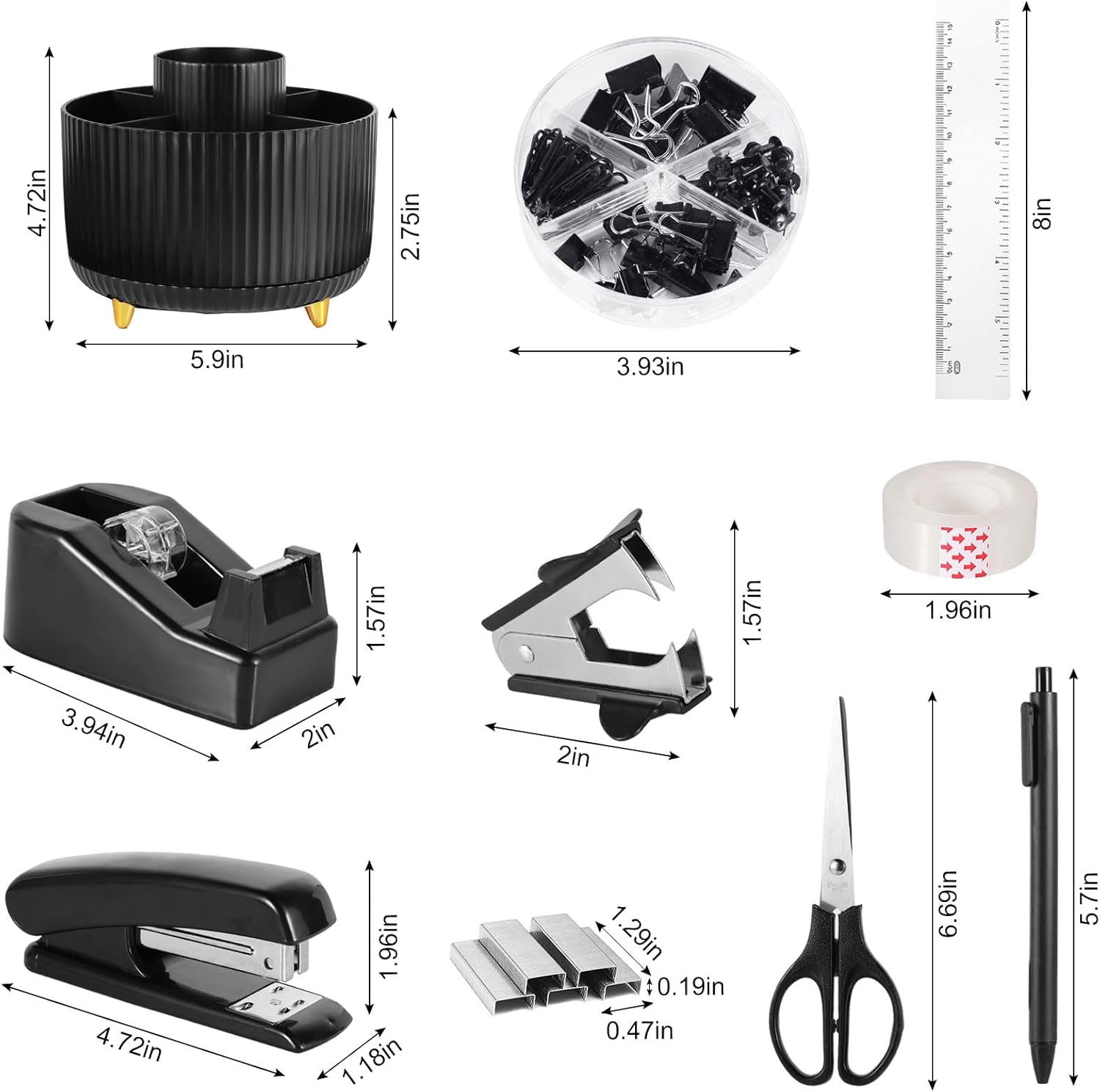Gawsey Black Desk Organizers and Accessories Set with 360-Degree Rotating Pen Holder, Tape Dispenser, Stapler, Staple Remover, 1000 Staples, Tape, Clips Set, Ruler, Scissor, Pen