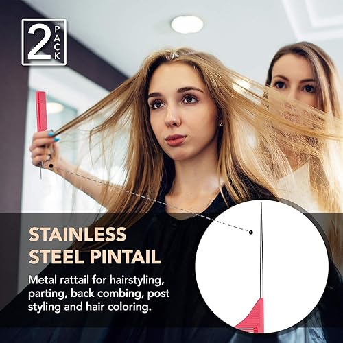 Miniatura 6 de Peine de cola de metal rosa de 8.8 pulgadas (paquete de 2) de fibra de carbono y acero inoxidable  Ligero  Peines de cola de rata para todo tipo de