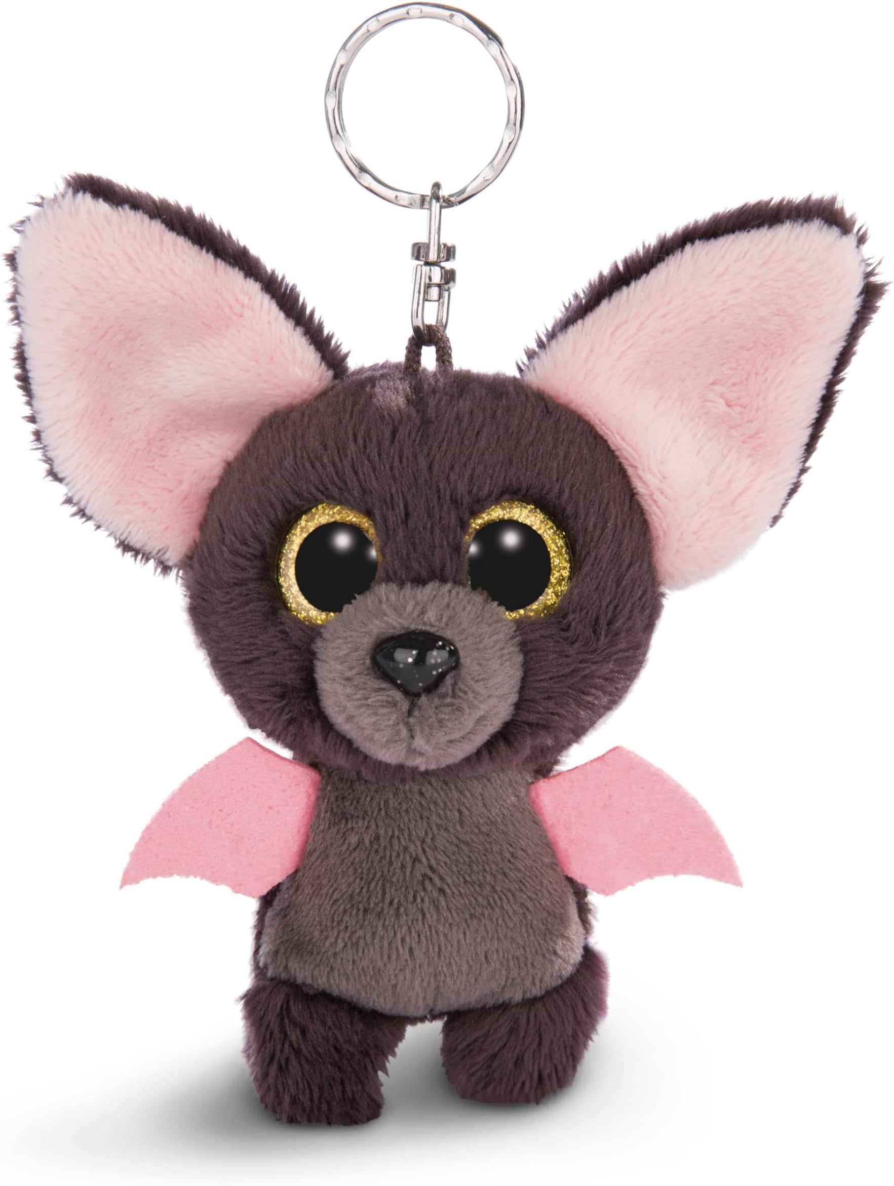 Nici Glubschis Baako Bat 9 Cm with Large Glitter Eyes, Plush Toy with Key Ring 45540 Keyring 9cm, Animal Print, Grey/Pink, One Size