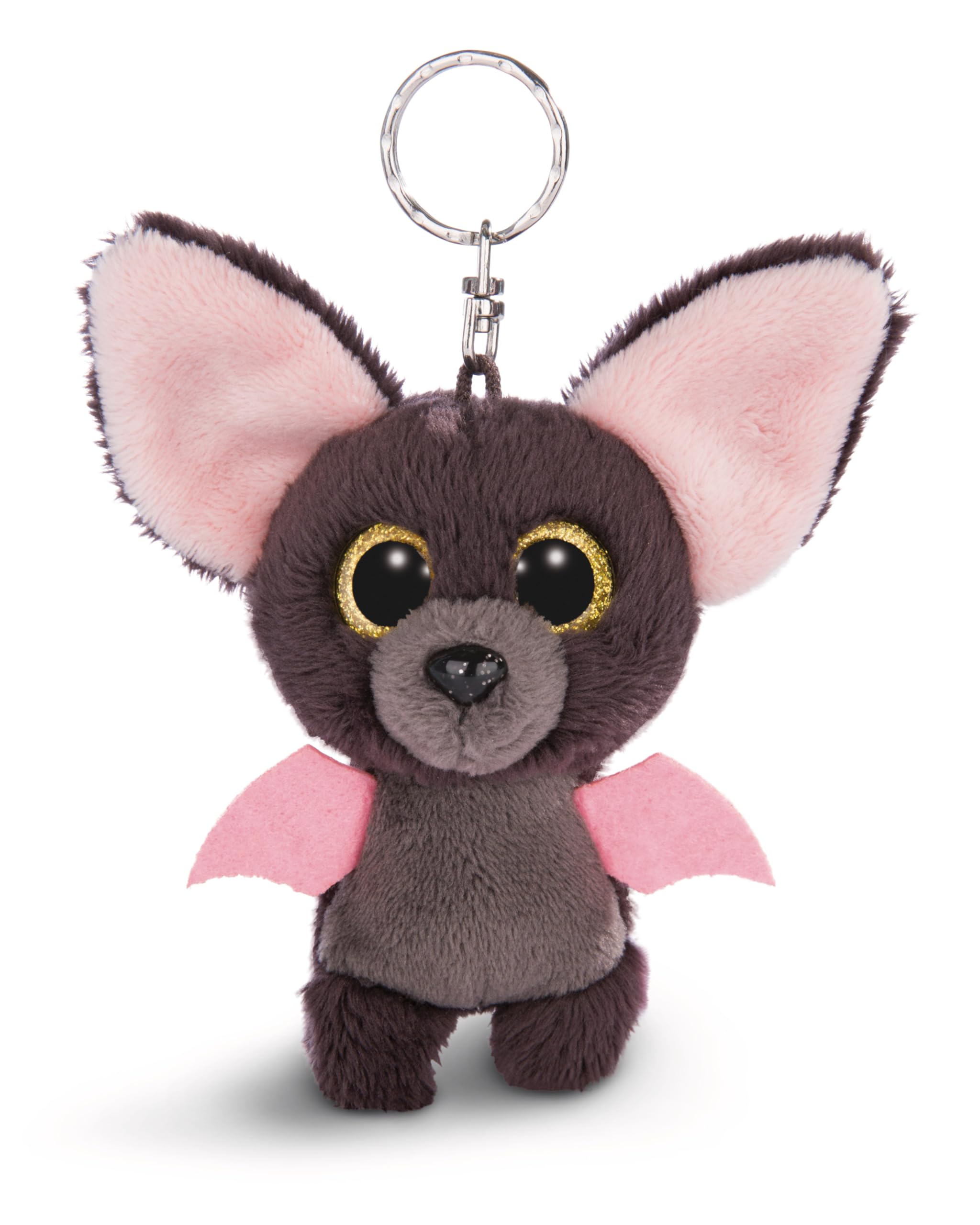 Nici Glubschis Baako Bat 9 Cm with Large Glitter Eyes, Plush Toy with Key Ring 45540 Keyring 9cm, Animal Print, Grey/Pink, One Size