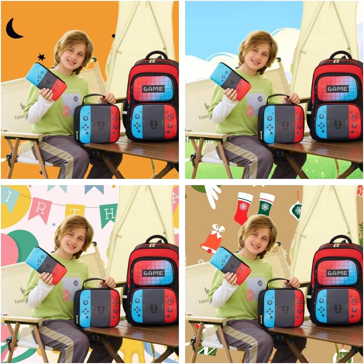 Kids Backpack 3-in-1 Boys Backpack with Lunch Bag and Pencil Case for Teens Middle School, 17 Inch Large Capacity (GAME)