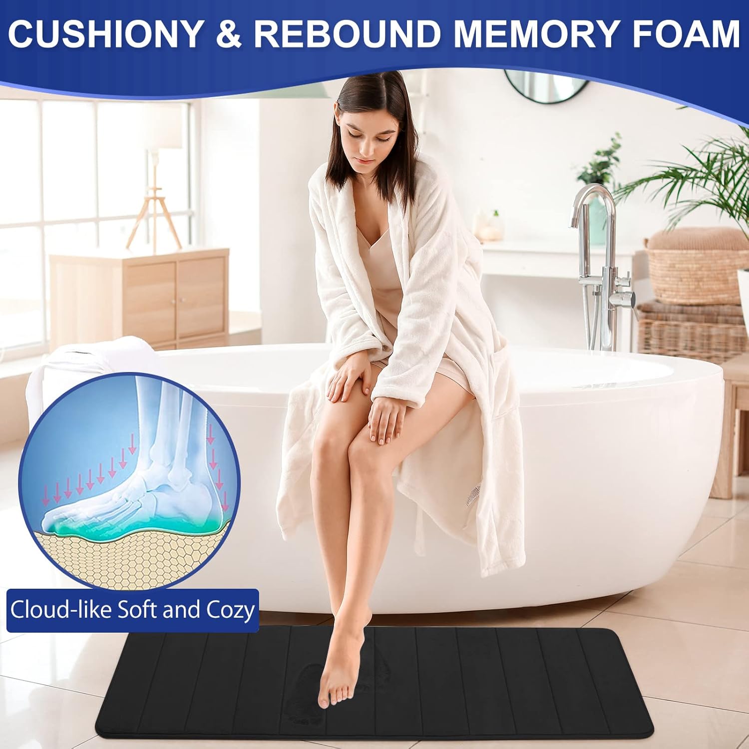 Memory Foam Bathroom Rugs Sets 3 Piece │ Extra Thick Soft Absorbent Non Slip Upgraded │Washable Toilet Bath Mat Shower Carpet for Bedroom, Living Room (Black, U Shape 24” X 24”+24” X 32”+17” X 48”) - Image 2