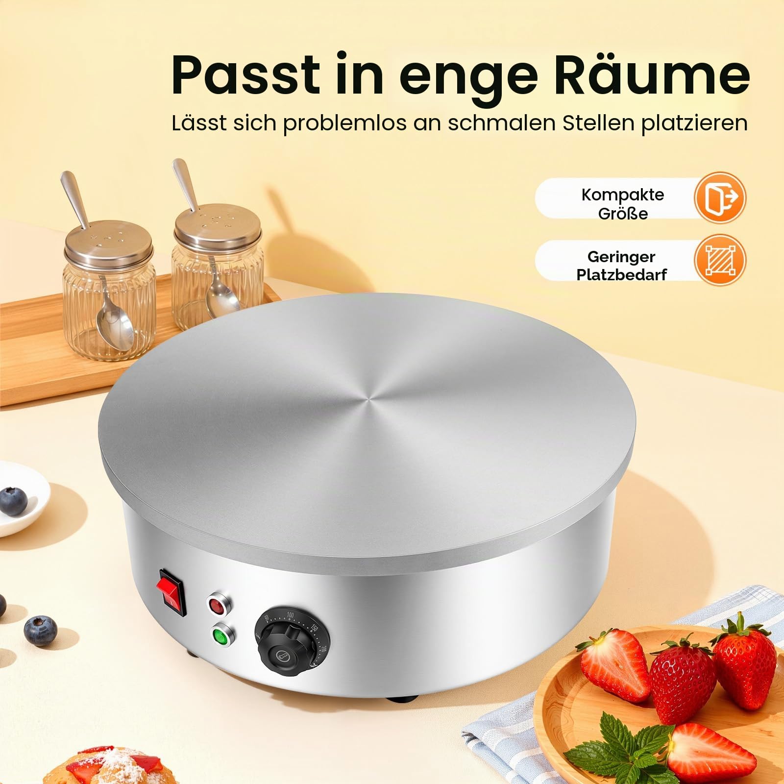 Crepes maker Große Backfläche mit 45cm Ø, 220V 3000 W Gewerbe Profi Crêpes Maker Machine Pfannkuchen Maker Antihaftbeschichtete Platte 50-300℃ Temperature für Crepes, Pancakes & Tortilla