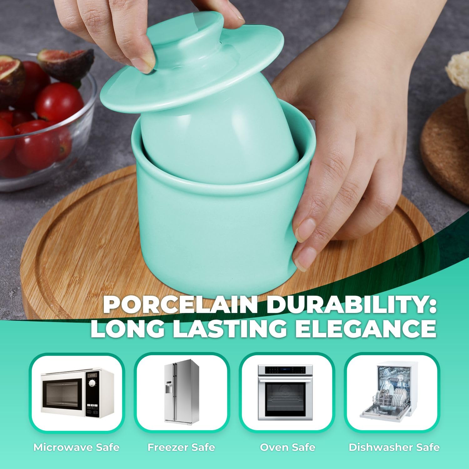 Flexzion Porcelain Butter Crock Keeper - French Dish With Lid, Tabletop Spreadable Soft and Fresh Water Sealed Holder - Image 4