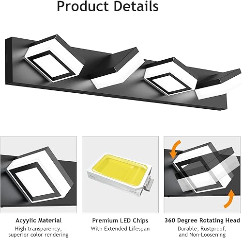 Miniatura 3 de IZORRO Moderna lámpara LED de baño sobre espejo (4 luces, 30 pulgadas, regulable) negro mate con cabezal giratorio de 360 (blanco frío, 6000 K)