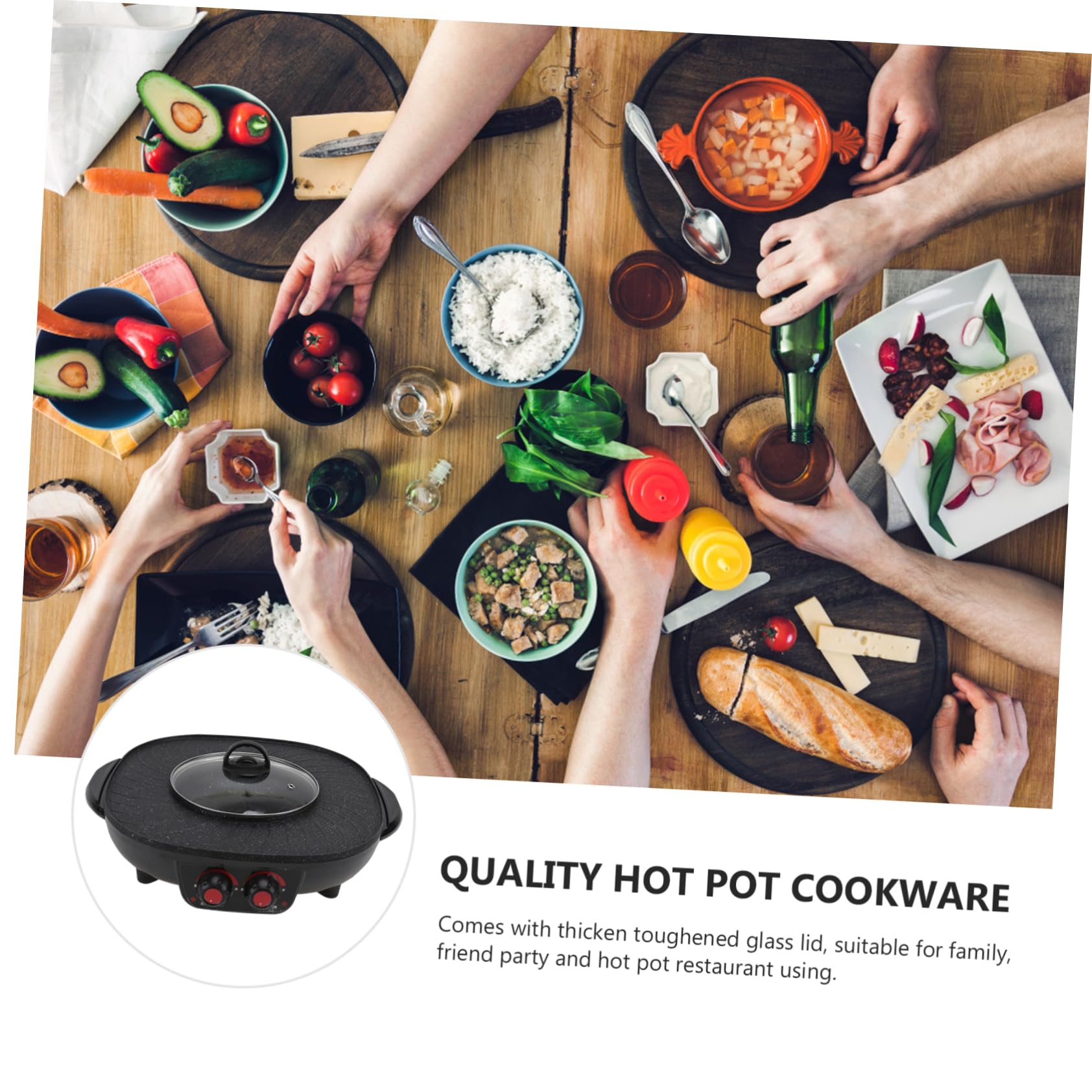Pot Chaud Électrique Multifonction Noir en Fer avec Contrôle Double, Chauffage Rapide et Uniforme, sans Fumée, pour Barbecue et Fondue en Famille