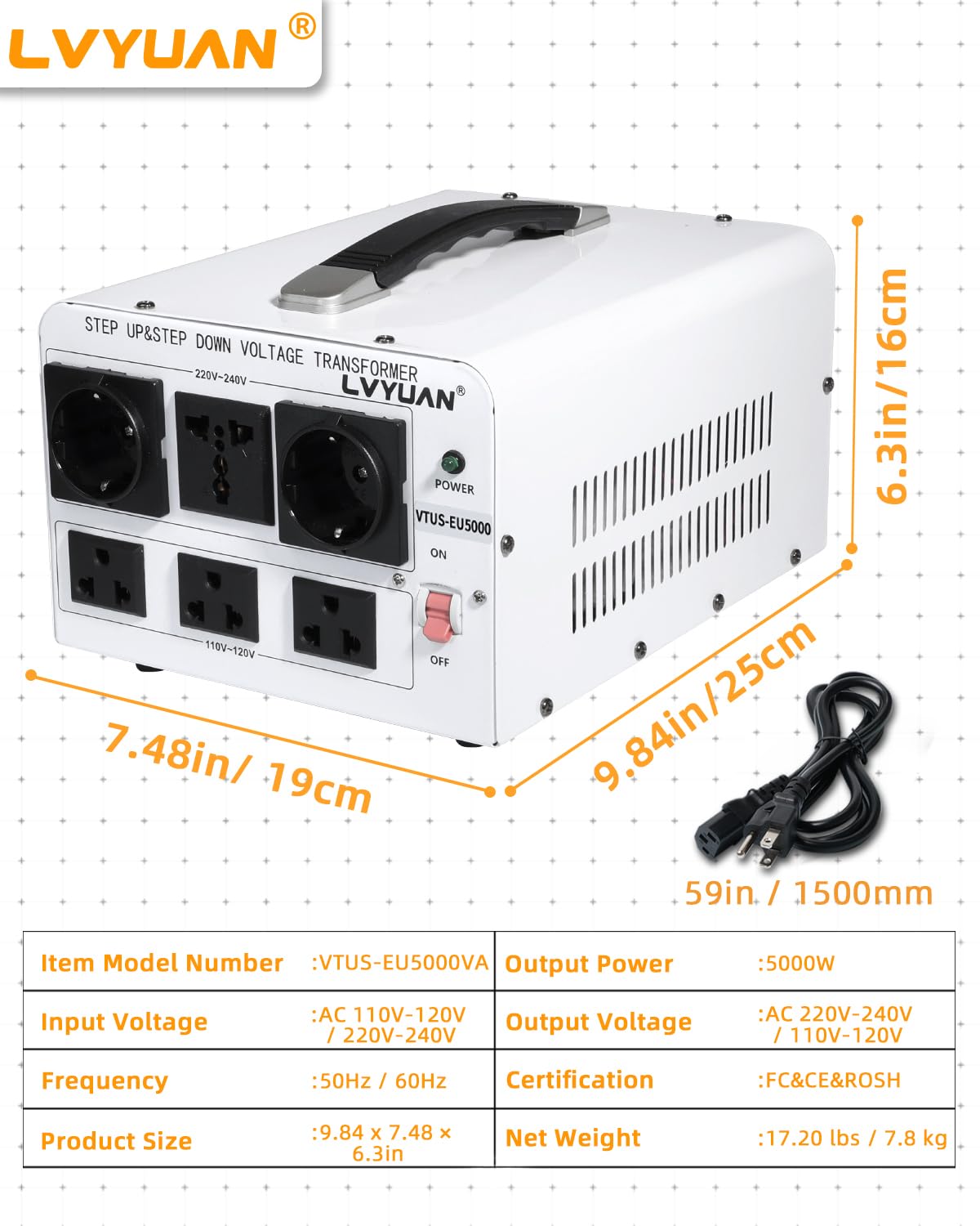 LVYUAN Trasformatore di tensione da 5000 W, convertitore di potenza Step Up da 110 V a 220 V, Step Down da 220 V a 110 V, 110/120 Volt - 220/240 Volt