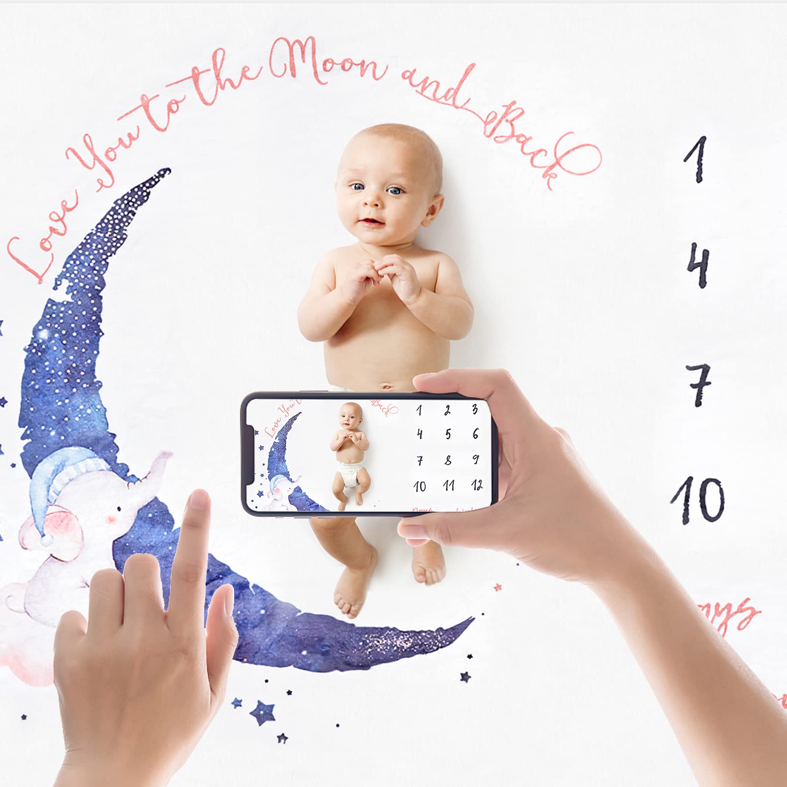 Coperta Mesi Neonato, Copertina Mesi Bambino per Maschio o Femmina Unisex, Tappeto Maschio O Femmina con 4 Cornici per Foto, Regalo Baby Shower Neomamme, Tema Luna 130x100cm