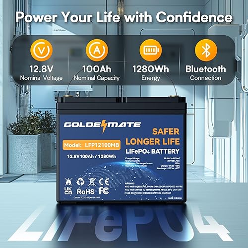 Miniatura 2 de GOLDENMATE Batería Bluetooth LiFePO4 de 12 V 100 Ah Grupo 24, batería de litio de ciclo profundo, BMS de 100 A integrado, hasta 15000 ciclos,