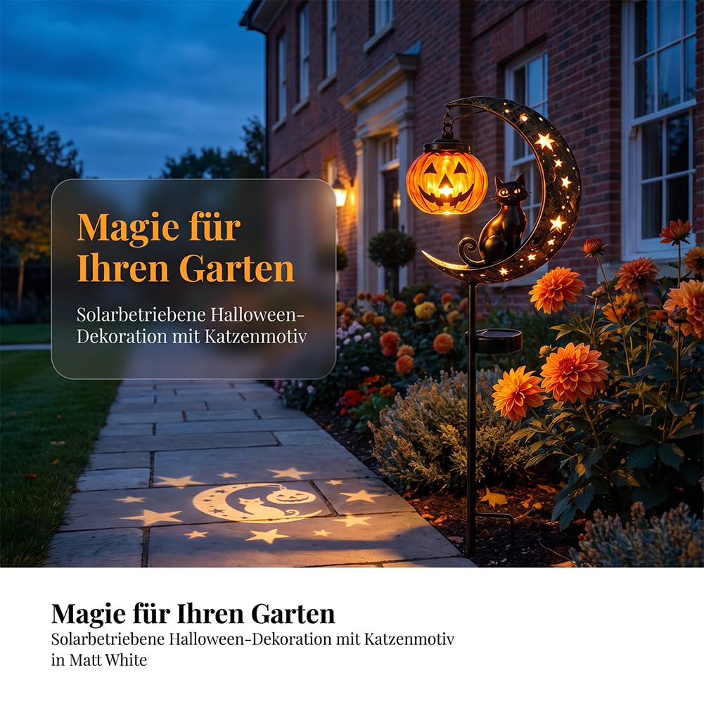 Halloween Deko Outdoor Solar Gartenstecker, Schwarze Katze Mond und Kürbis Deko, Wetterfeste Solarlampen für Außen, Halloween Deko Garten für Rasen, Gehwege und Terrassen，2Pcs-A