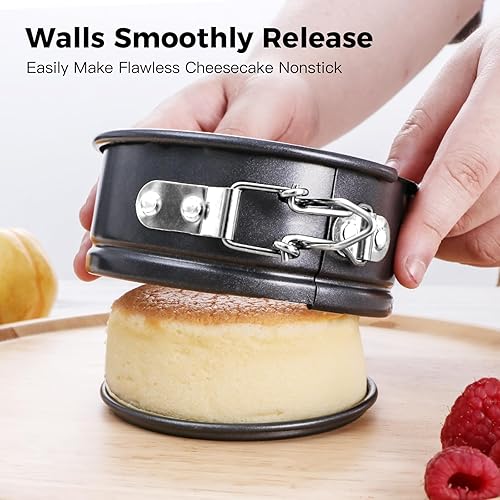 Miniatura 5 de HONGBAKE Moldes Springform de 4 pulgadas, mini sartenes para tartas de queso con 200 forros de papel pergamino, mini sartenes antiadherentes para