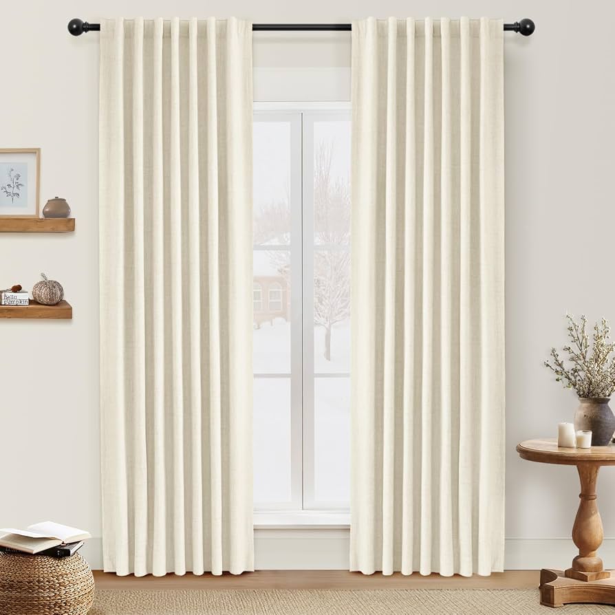 INOVADAY 100% Blackout Curtains 105 Inches Length 2 Panels Set, Back Tab/Rod Pocket Linen Black Out Curtains for Bedroom, Thermal Insulated Window Drapes - Light Cream, W50 X L105