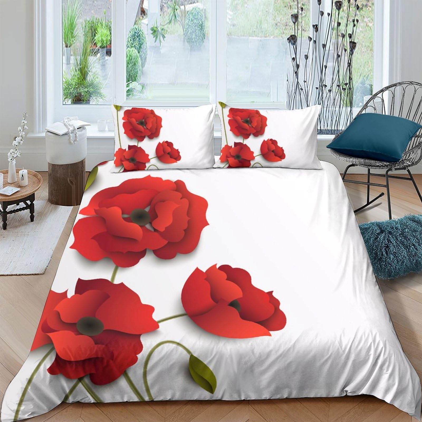 GPLZQXKJNH 3D Printed Red Poppy Flower Duvet Cover Microfiber Bedding Set with 2 Pillowcases, Botanical Floral Quilt Cover for Bedroom Home Decor Single（135x200cm）