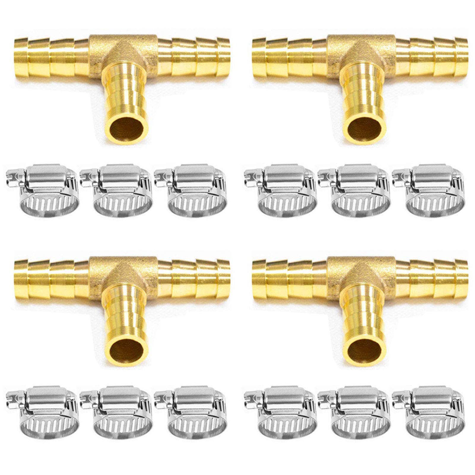 Da by 4 pcs 3/8"(10mm) Brass Tee Barb Fittings for 3/8" ID Hose,12 pcs Stainless Steel Pipe Clamps,3 Way Union Intersection for Water/Fuel/Air(T)