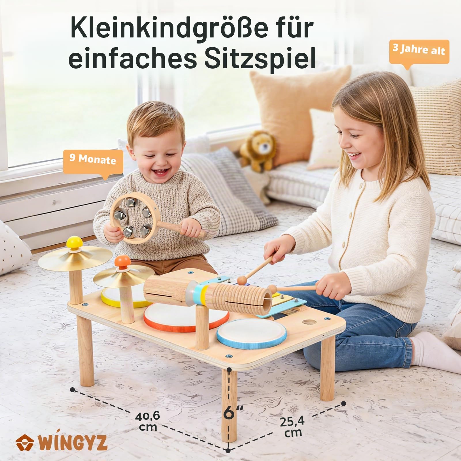 WINGYZ 9 in 1 Schlagzeug Kinder Trommel Holz – Musikinstrumente für Kinder ab 3 Jahr, Montessori Baby Spielzeug Geschenk für Junge Mädchen
