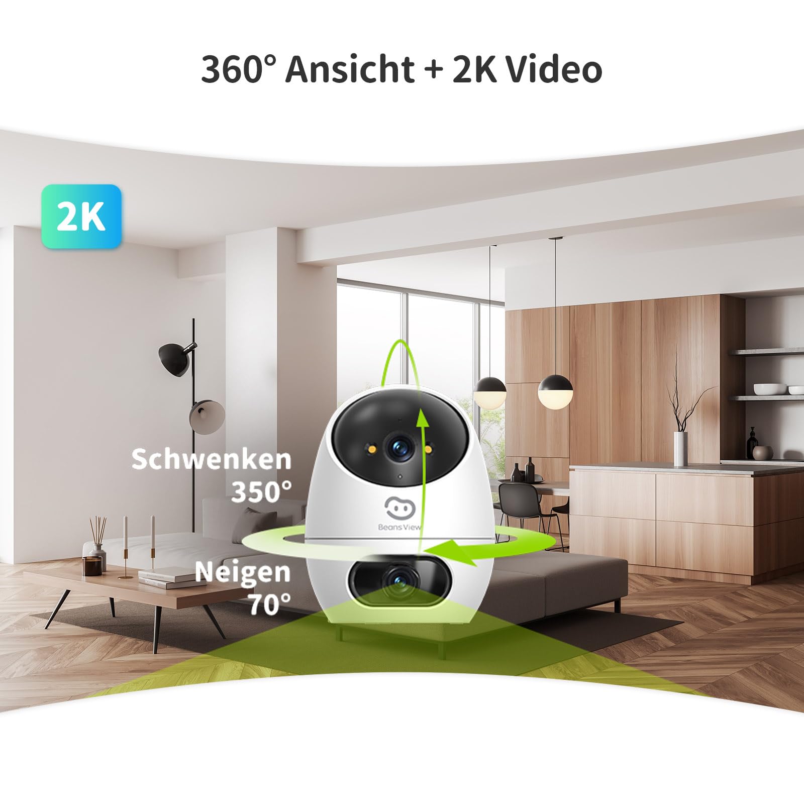 Beans View 2K+2K (3MP+3MP) Innenkamera Zwei Objektiven für Überwachung und Sicherheit, 2,4 GHz WLAN, 360°-Überwachung, Farb-Nachtsicht, Personenerkennung, Automatische Verfolgung, Kompatibel Alexa
