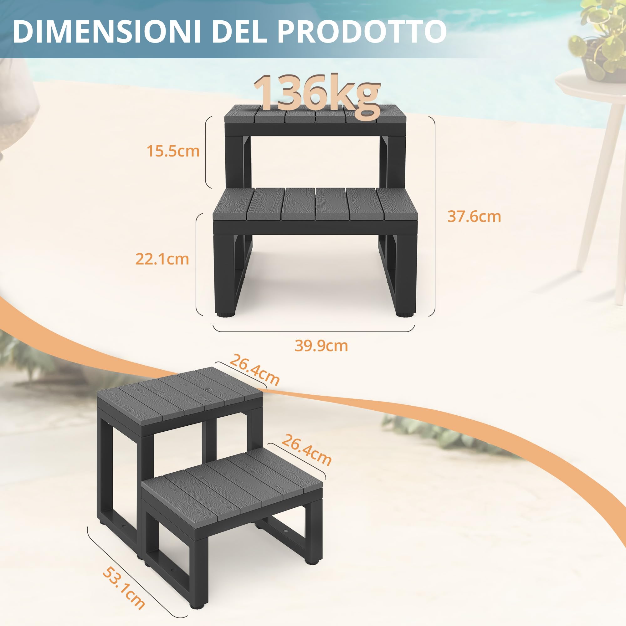 LUE BONA 2 livelli di idromassaggio antiscivolo con gradini HDPS e telaio in alluminio, per vasca idromassaggio, piscina e terrazza, 40 x 53 x 38 cm, grigio scuro