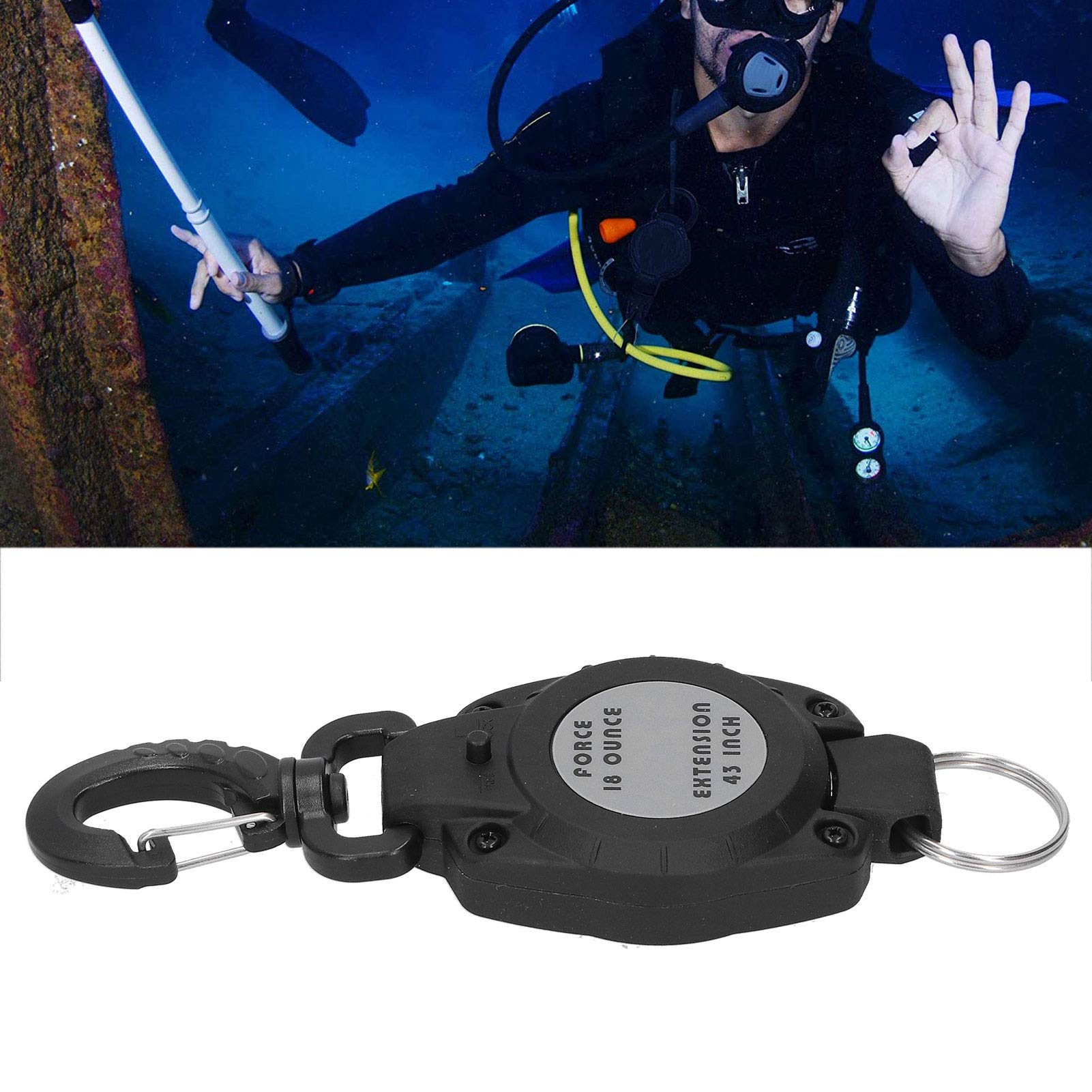 Tauchen Retractor, 43 zoll Lanyard Sicherheitskabel Mit Karabiner Für Freitaucher Schwarz Einziehbarer Tauchgurt Teleskop Schlüsselhalter Büro Outdoor Ausziehbar Schlüsselanhänger | Schlüsselrolle, ausziehbar, aus Metallkabel, mit Karabinerhaken für Gürte