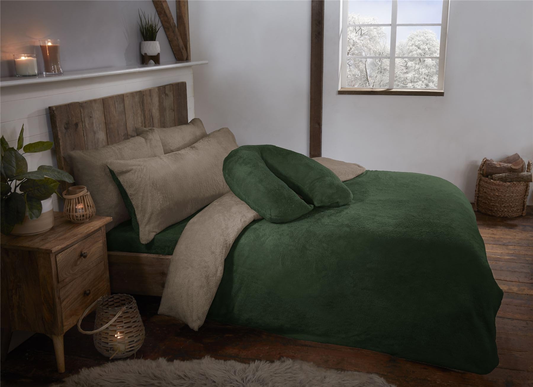Littens Luxury Green & Mink Reversible Teddy Fleece Fur Soft Cosy Single Bed Size Duvet Quilt Cover Set Including Pillowcase, Thermal Warm, Energy Efficient (135cm x 200cm)