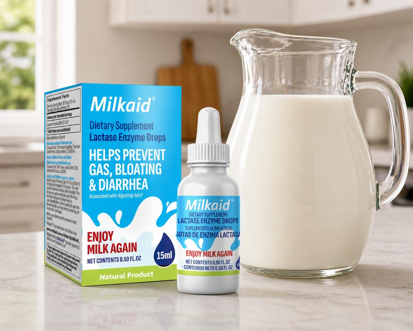 Milkaid Lactase Enzyme Drops for Lactose Intolerance | Prevents Gas, Bloating & Diarrhea | Fast Acting Dairy Digestive Supplement | Gluten Free & Vegetarian | No Artificial Flavor | 0.5 Fl Oz (3)