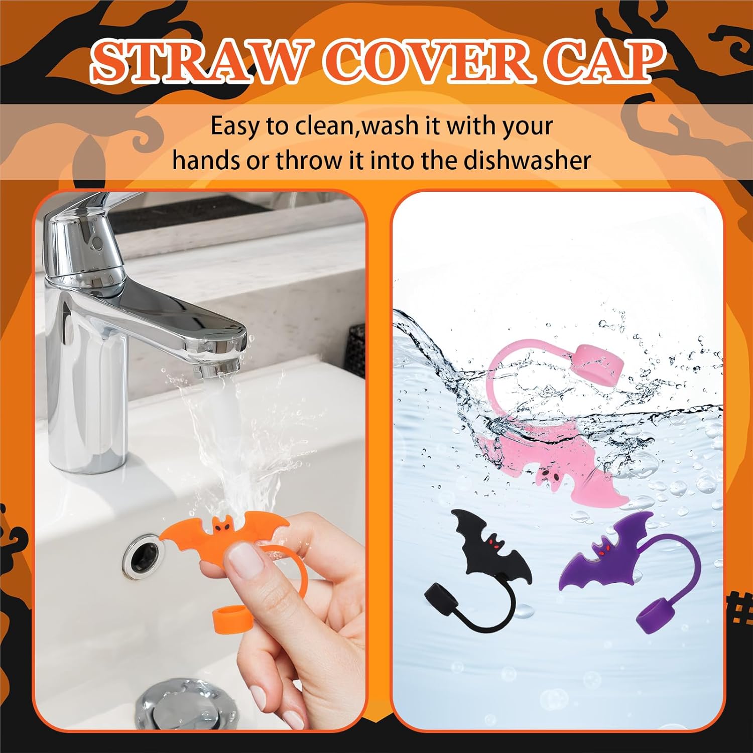 JarThenaAMCS 8Pcs Halloween Bat Silicone Straw Cover Pink Purple Orange Black Drinking Straw Tip Cap Reusable Straw Protector Topper for 0.4in Straw Cup Accessories - Image 5