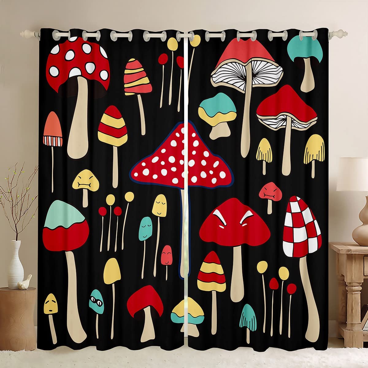 Loussiesd Cute Mushroom Curtains Natural Wild Fungus Window Curtains for Bedroom Living Room for Kids Girls Red Mushroom Window Drapes Botanical Plants Window Treatments W52*L63 โ image 1