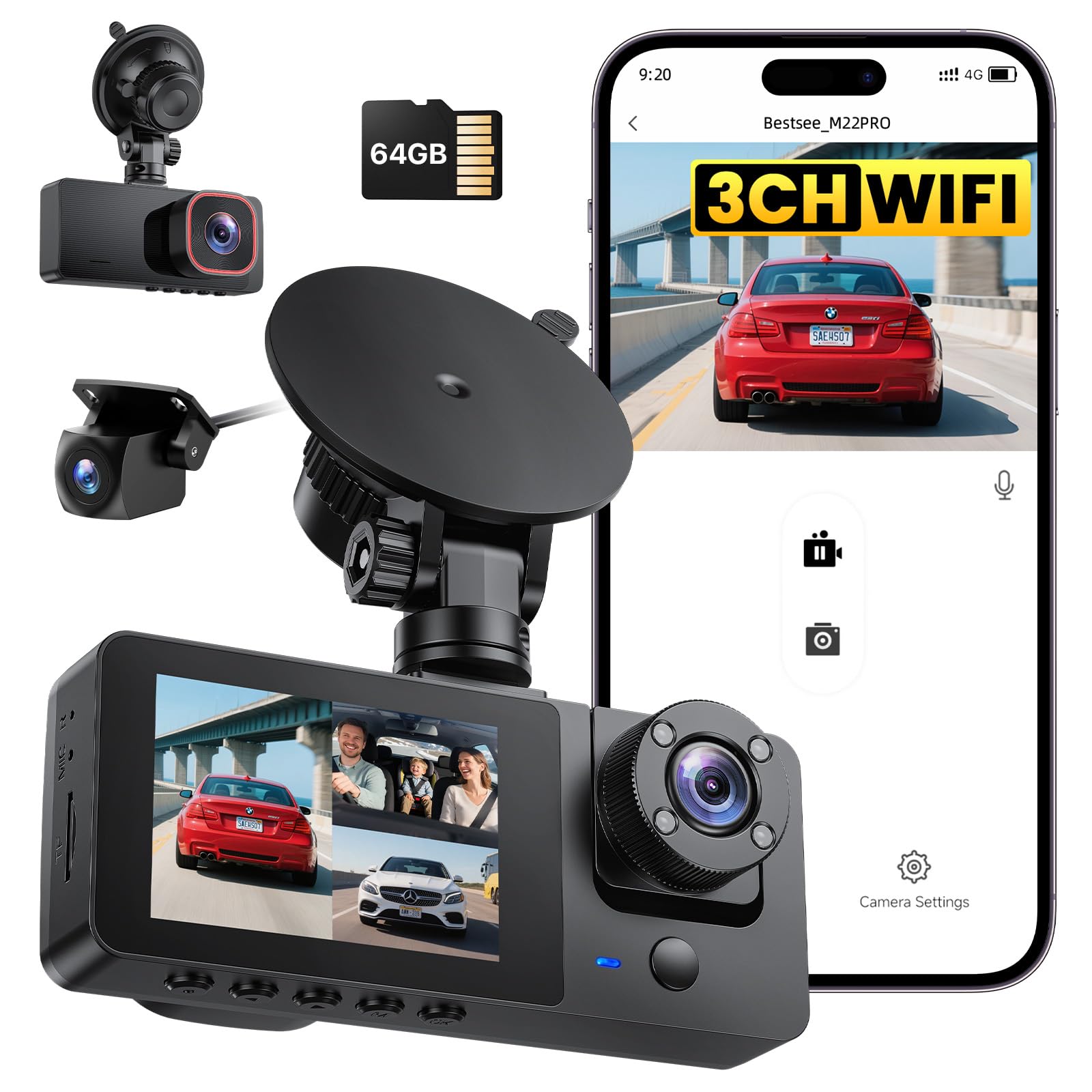 Bestsee 2.5K Dashcam Auto Vorne Hinten und Innen, 2,35