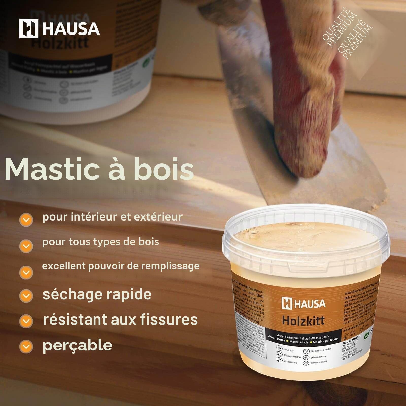 Hausa Mastic bois acrylique 1 kg Noir - Réparation bois - Séchage rapide - Résistant