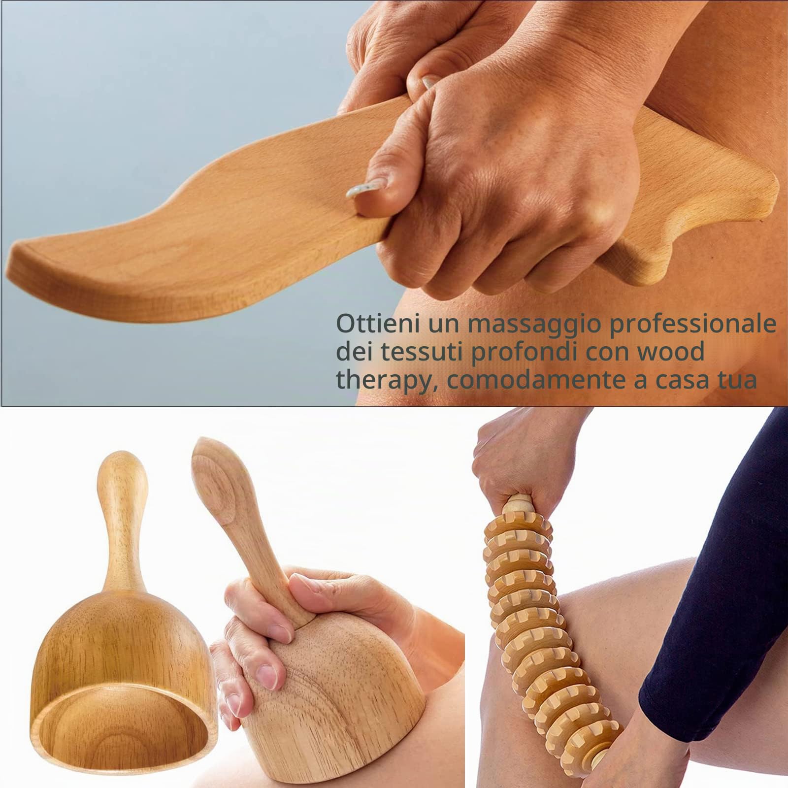 8 strumenti per massaggi in legno, rullo in legno per alleviare il dolore muscolare anticellulite e tutto il corpo, rullo Gua Sha