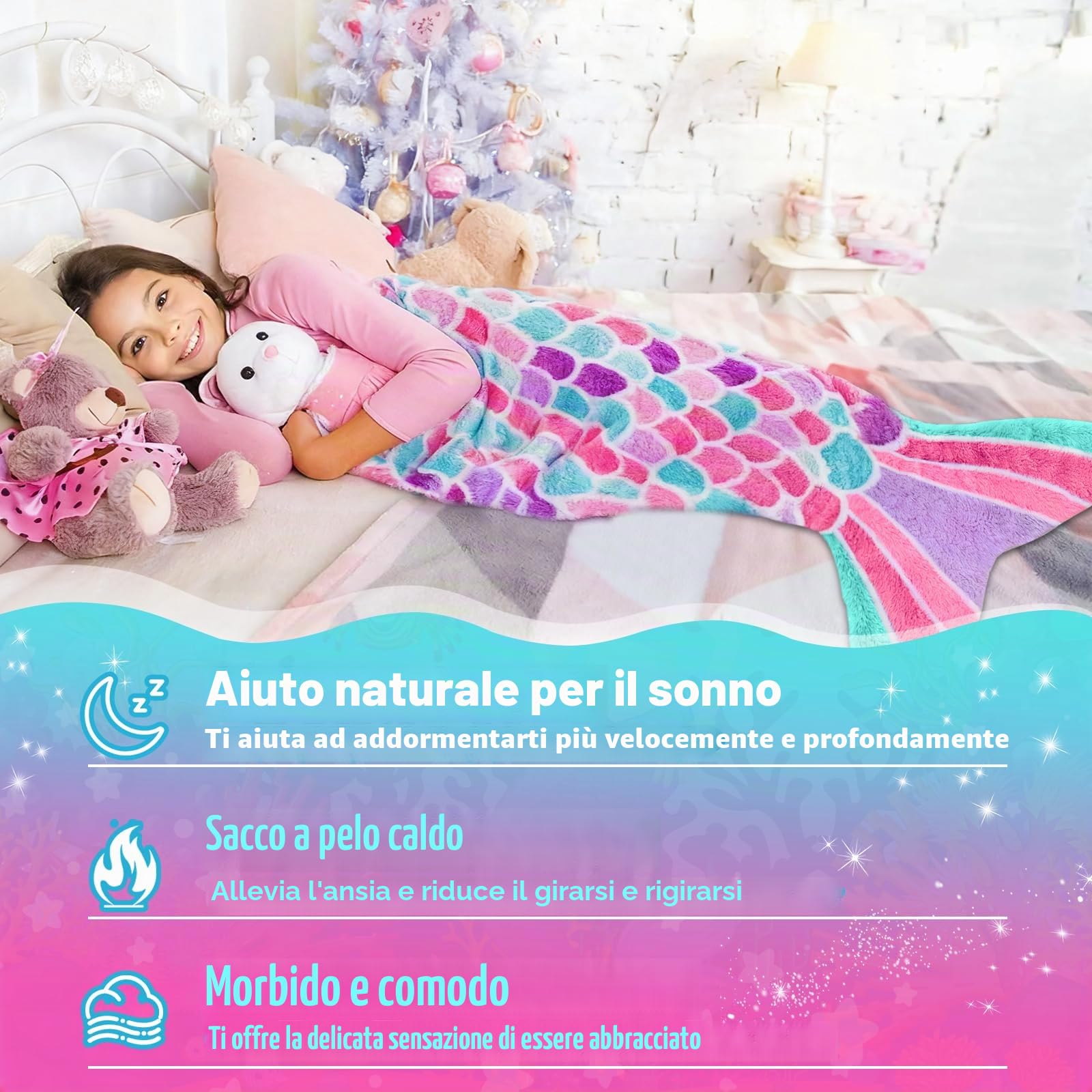 Coperta a Coda di Sirena, Coperta Sirena di Flanella Indossabile, con Braccialetto a Forcina Paillettes per Ragazze Bambini, Adatto per Halloween, Natale, 140 x 60cm