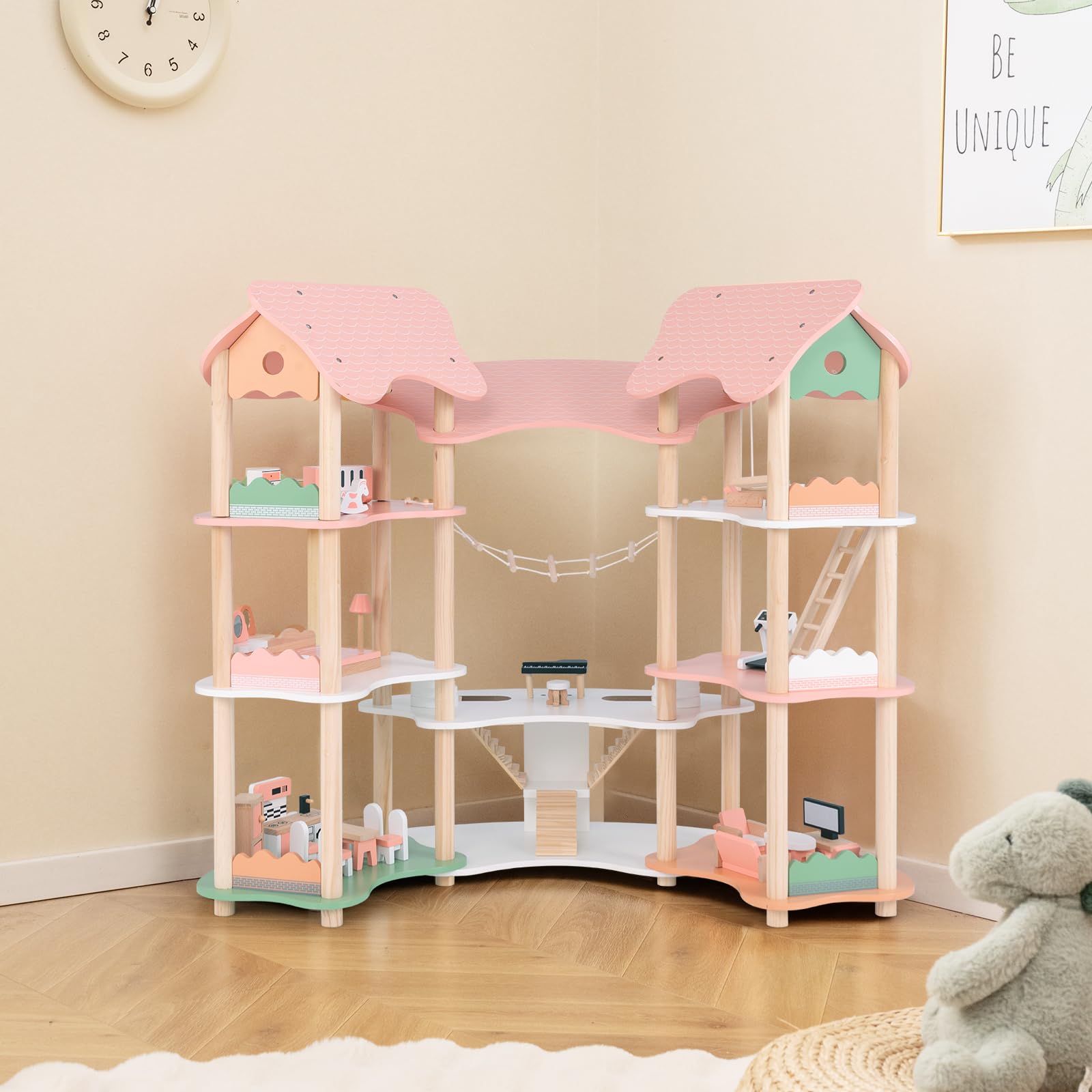 GOPLUS Casa de Muñecas de Madera de 3 Pisos Con 7 Habitaciones y 31 Piezas de Muebles, Encantador Juego Para Niños de 3+, Para Muñecos de 8-15 cm
