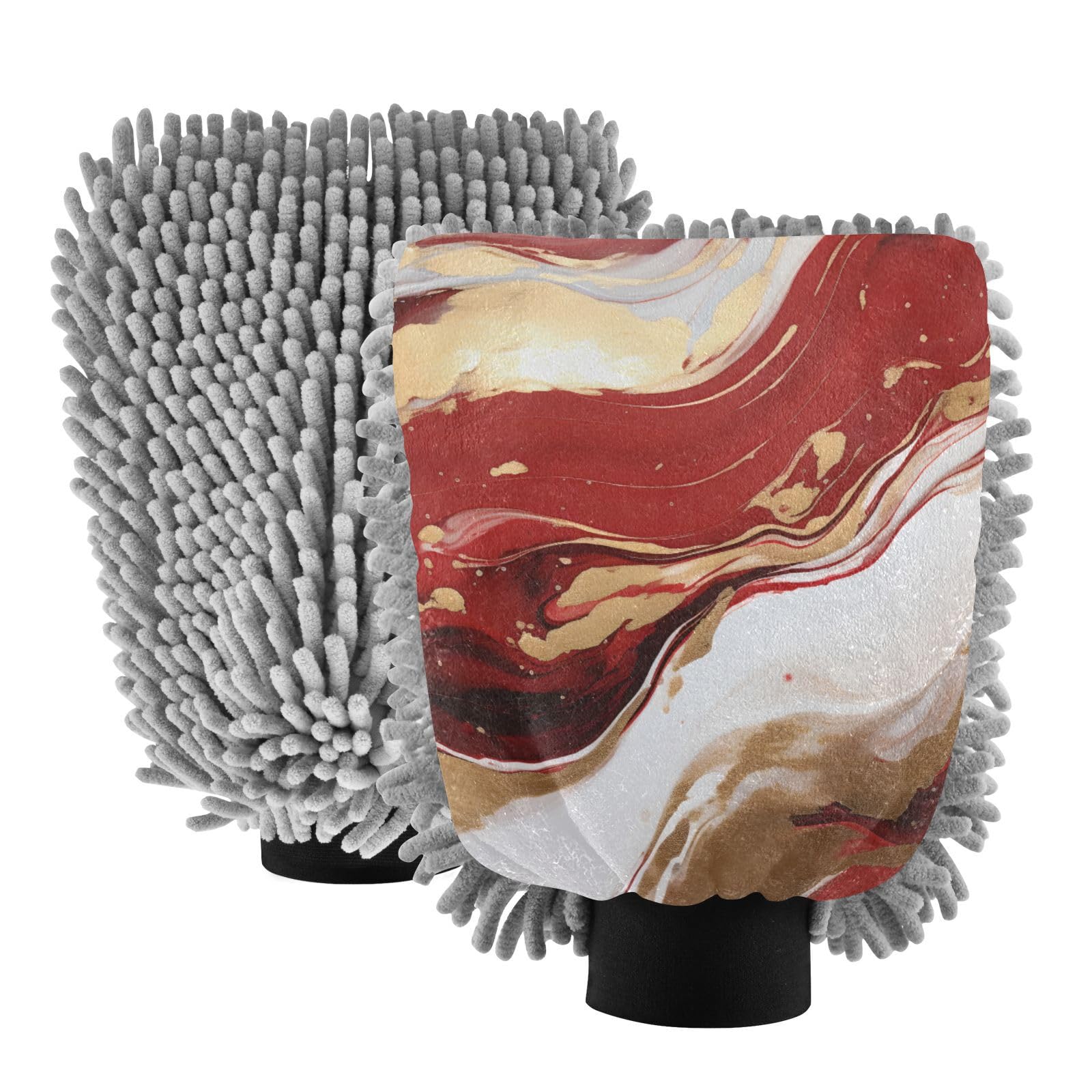 IOACIY Absorbent Microfiber Car Wash Drying Mitts, 2 Pack, Scratch-Free & Lint-Free, Rich Foam, Highly Absorbent, Double Sided, Wash Mitt Perfect for Car Washing, L, Marble Red