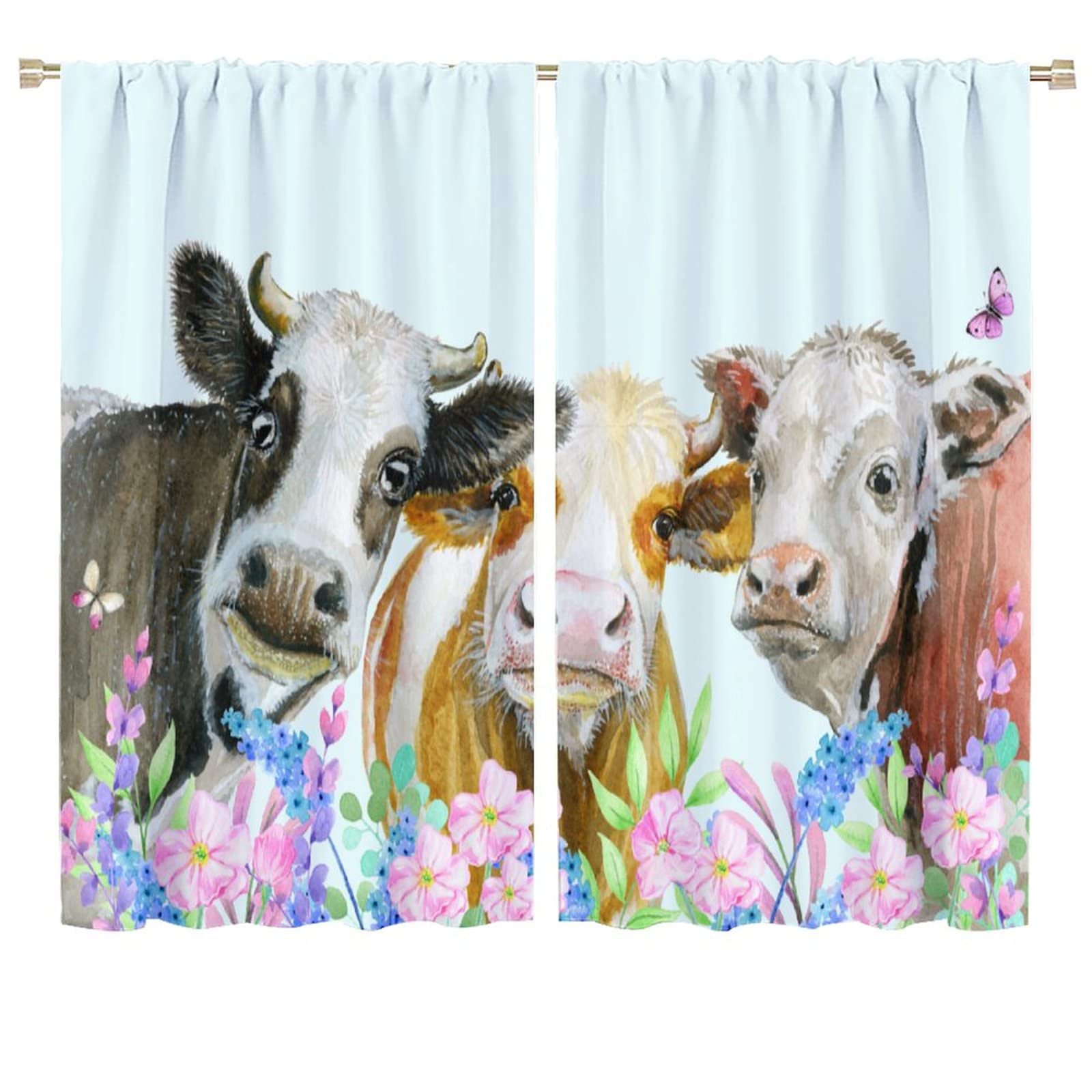 JESTRONRY Farmhouse Cow Curtains,Funny Farm Animal Cow and Flowers Print Rod Pocket Window Treatments Curtains for Living Room Bedroom Kitchen W72xL63in