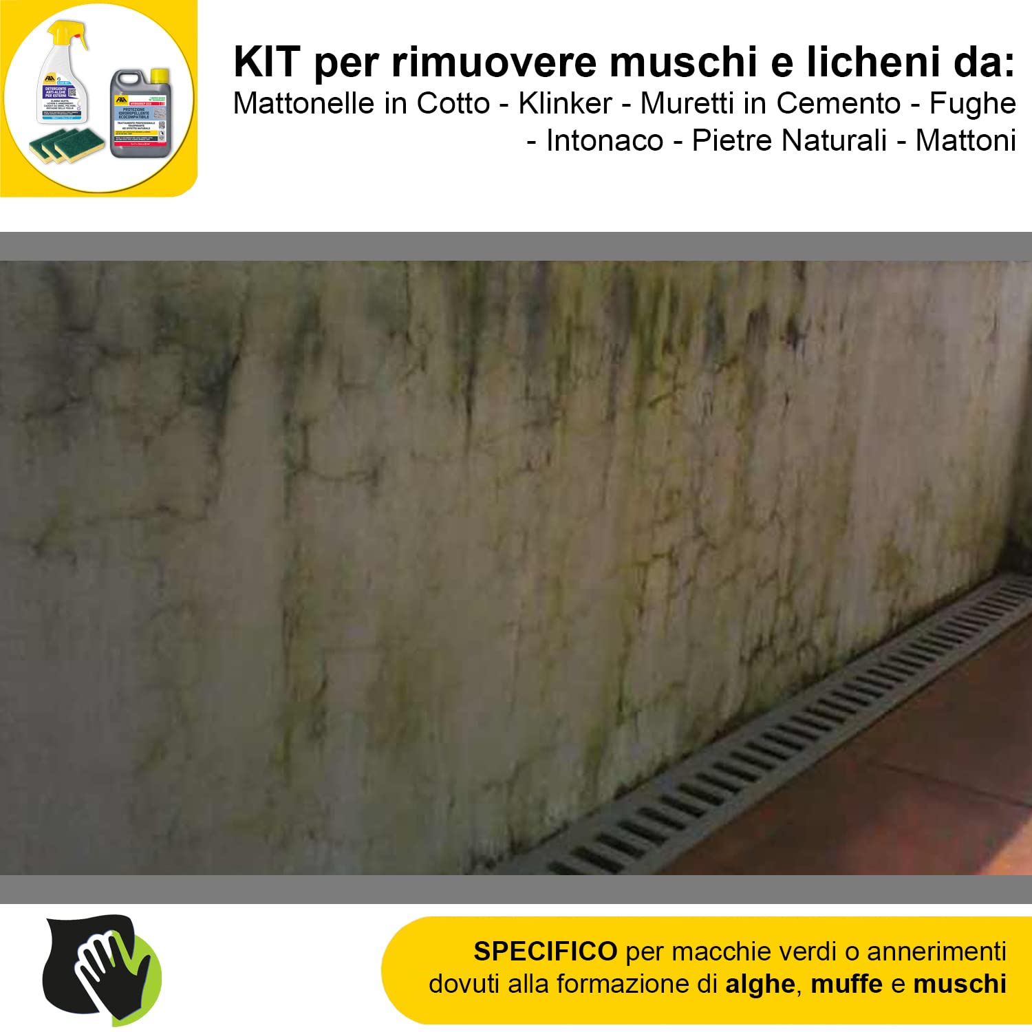 MASTERBRICO Kit Pulizia con Algaenet 500ml + Hydrorep Eco 1L + Spugne – Detergente Anti Alghe + Protezione Idrorepellente Ecocompatibile Per Rimuovere Muschi da Cemento, Fughe, Mattoni, Klinker, Tufo