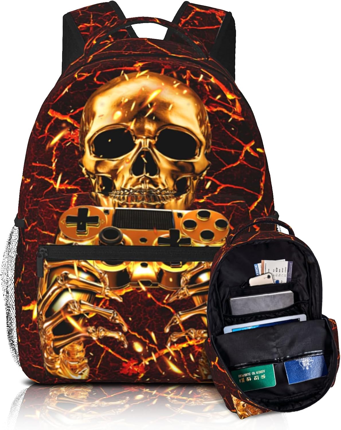 Vedio Game Backpack Kids Boys Cool Fire Skull Gaming Bookbags for Kids 8-12 Gothic Skull School Bag for Children Elementary Preschool Middle School Computer Bag for Man Woman