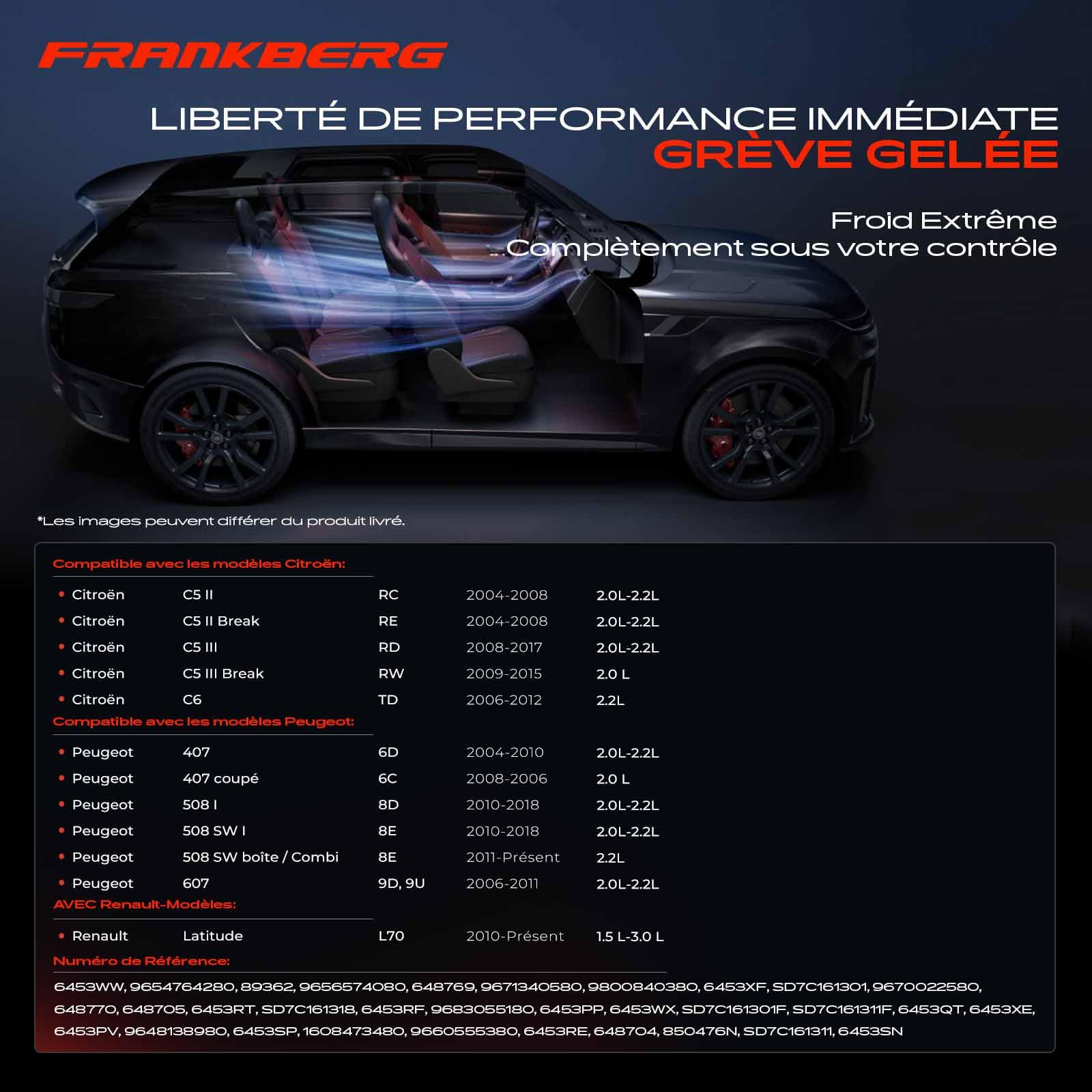 Frankberg Compresseur de climatisation avec embrayage | Compatible avec: Latitude L70, 407 Coupé 6C, 508 SW I 8E, 607 9D 9U, C5 Box/Combi RE, 508 SW Box/Combi 8E, C5 II RC