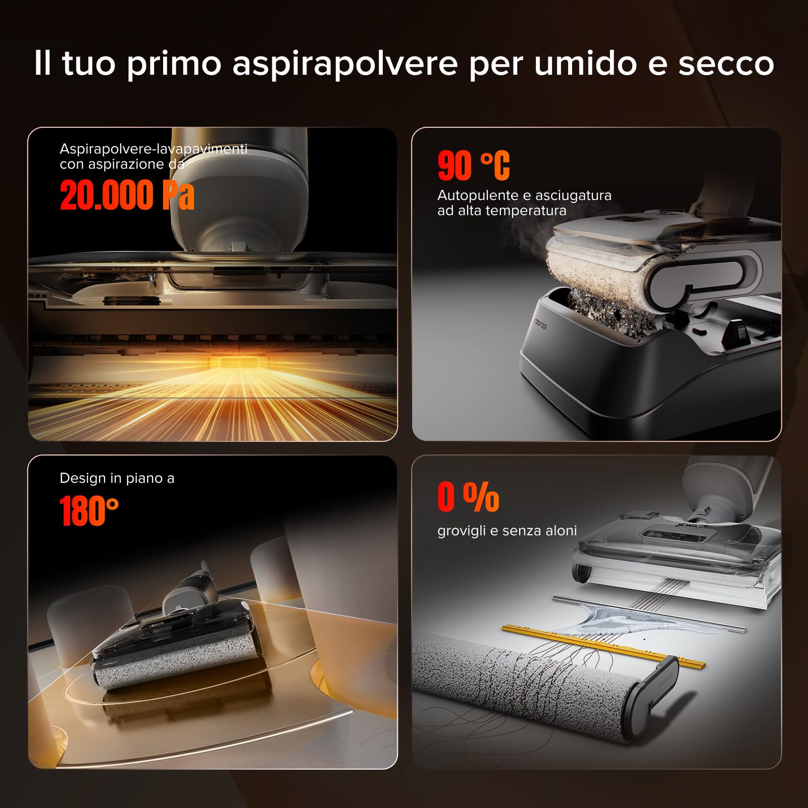 roborock F25 GT Aspirapolvere e Lavapavimenti Senza Fili, Pulizia Completa 20 kPa, Autopulizia ad Alta Temperatura fino a 90 °C, Inclinazione 180°, Pulizia a Doppio Bordo per Pavimenti