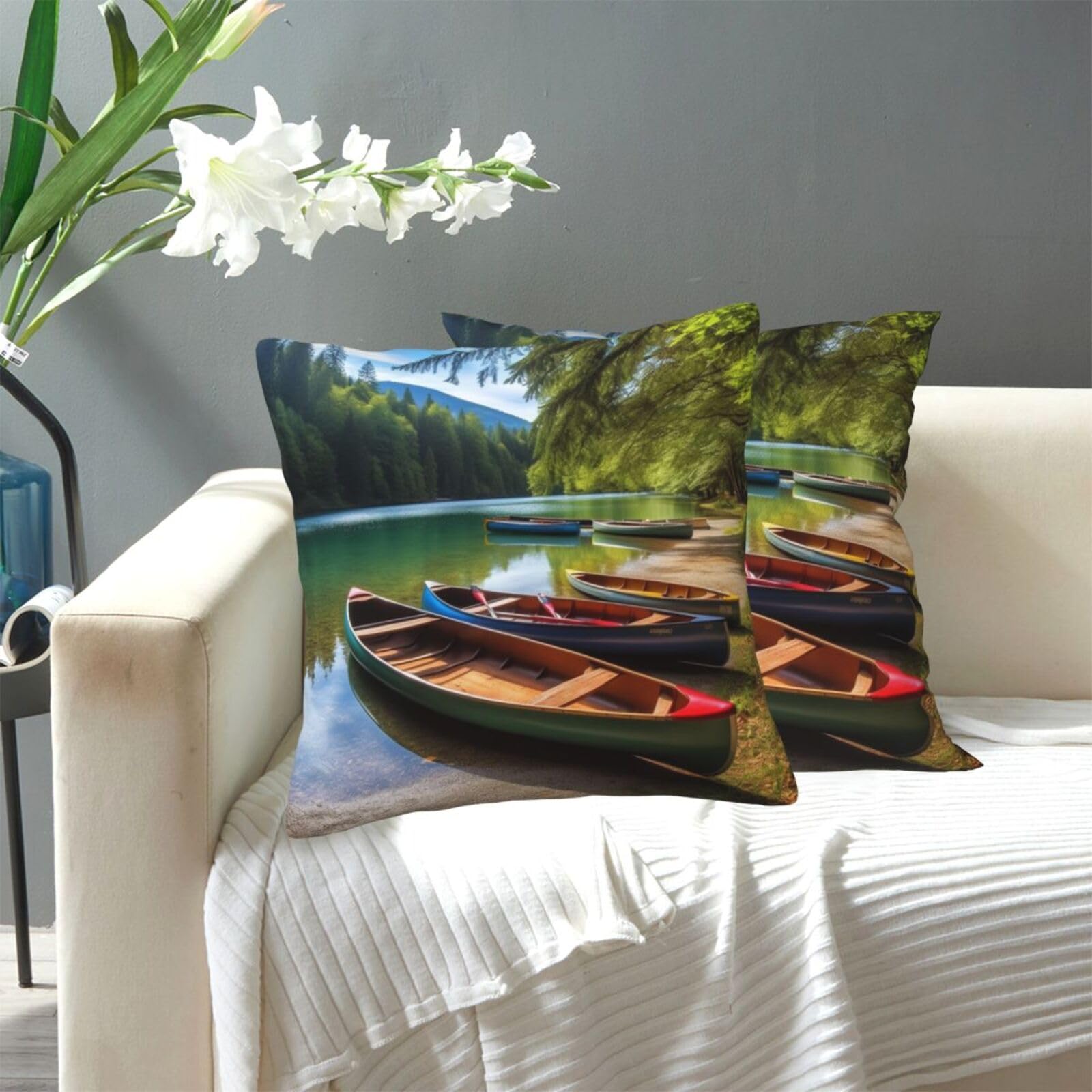 FekiLoot Decorative Throw Pillow Covers Modern Farmhouse Pillowcase Double Sided Cozy Cushion Cover for Sofa Couch Bed 12"X12" Lake with Boats Canoes Park