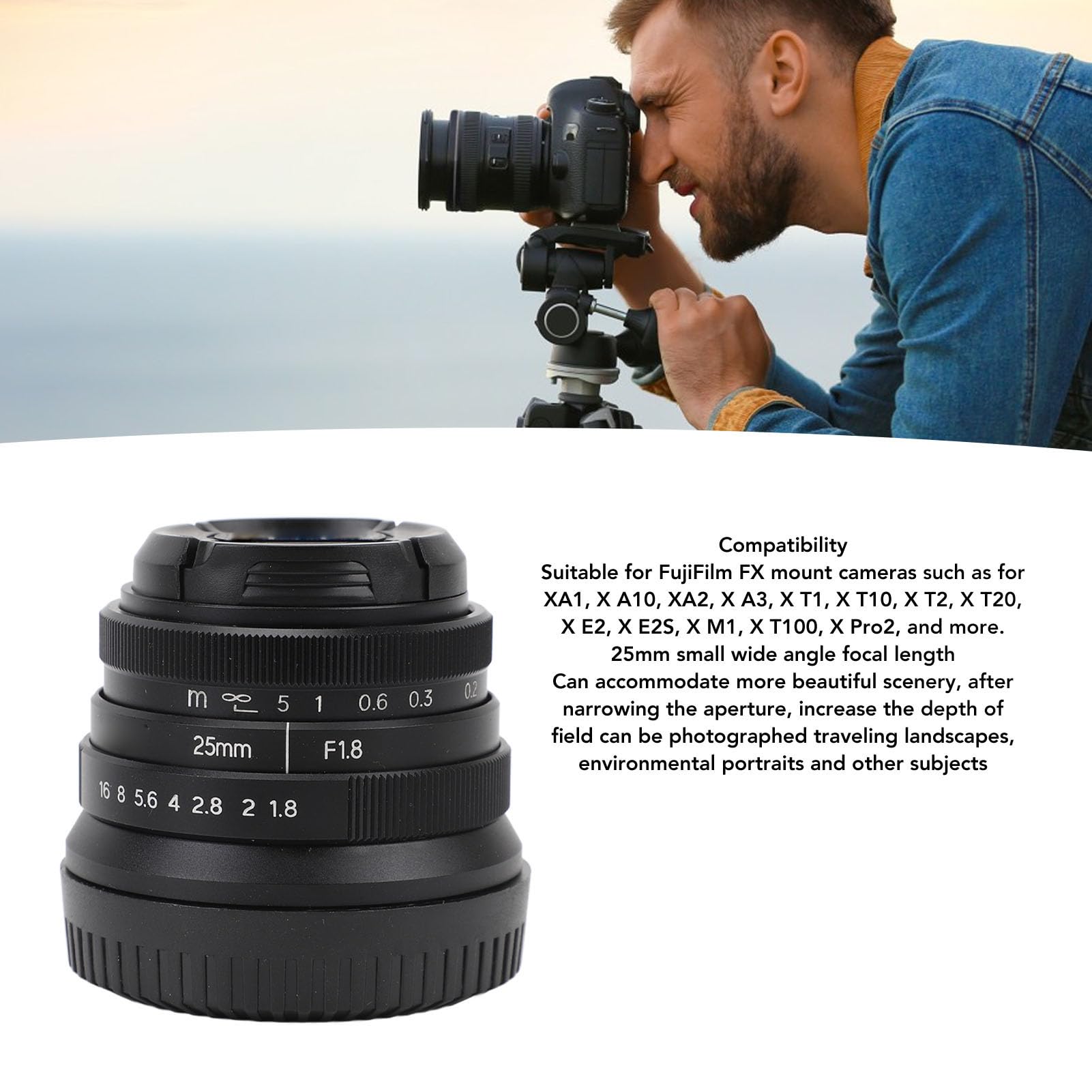 Obiettivo per Fotocamera da Ritratto, Obiettivo per Fotocamera da 25 Mm con Messa a Fuoco Manuale Fissa da F1.8 a F16, per XA1, X A10, XA2, X A3, X T1, X T10, X T2, X T20, X E2,