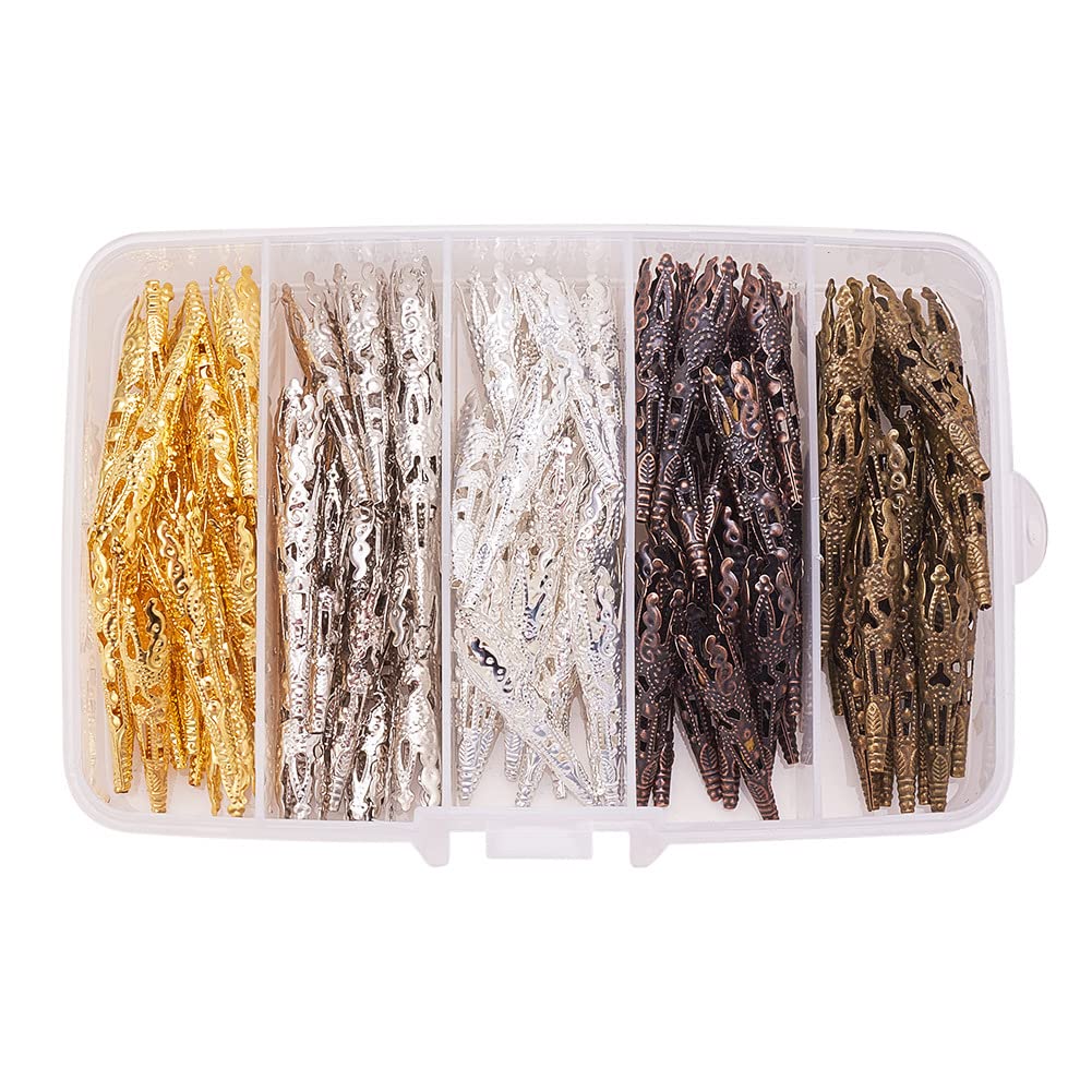 100 Coperchini Metallici A Forma Di Fiore Lungo Per Gioielli Fai Da Te - 5 Colori Misti - Distanziatori Stile Tibetano Vintage - 41x8 Mm