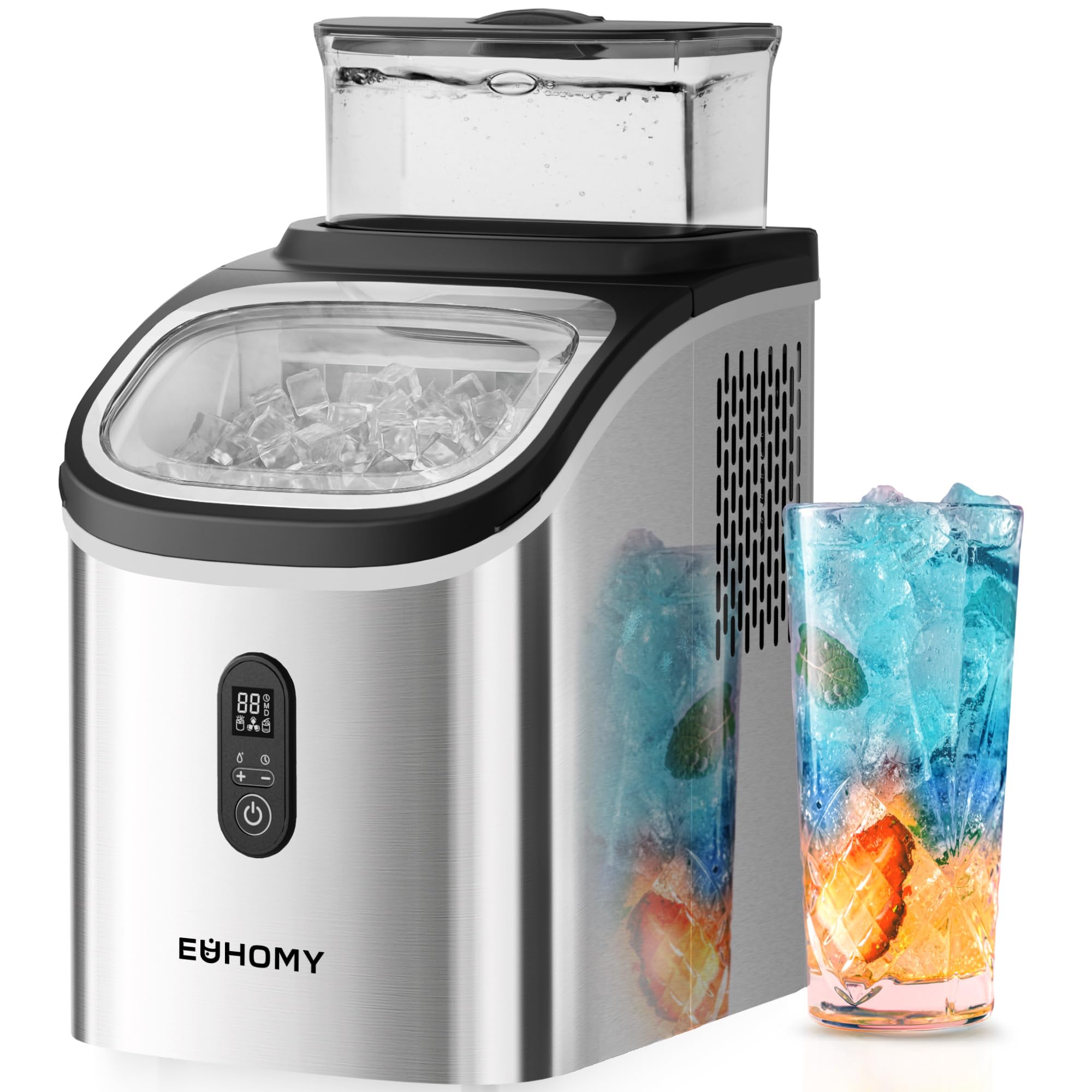 Euhomy Ice Cube Maker Machine Countertop With External Water Tank, 2 Ways To Add Water, 34lbs/Day, 16pcs Ready In 7 Mins, Auto-Cleaning, With Ice Scoop & Basket, For Home/Kitchen/Office/Bar (Silver) on Fridge.com - View 1