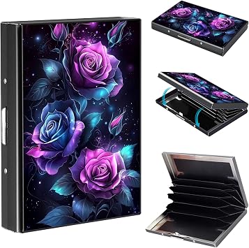 Credit Card Holder Metal Wallet, RFID Blocking Slim Minimalist Card Wallets for Man Woman, Aluminum Wallet for ID Business Cards Cash, Purple Roses Small Pocket Purse Hard Case with 6 slots