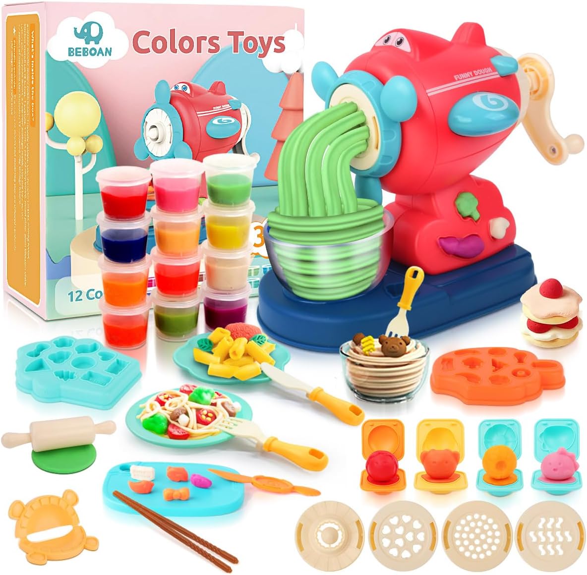 BEBOAN Dough Sets Kitchen Creations Tools Set, 37 pcs Ice Cream/Spaghetti/Noodle Maker Machine Modelling Clay Mould with Roller/Tableware Set for Girls Boys Kids Ages 2/3/4/5/6/7/8 Toy Gift, 12 Dough
