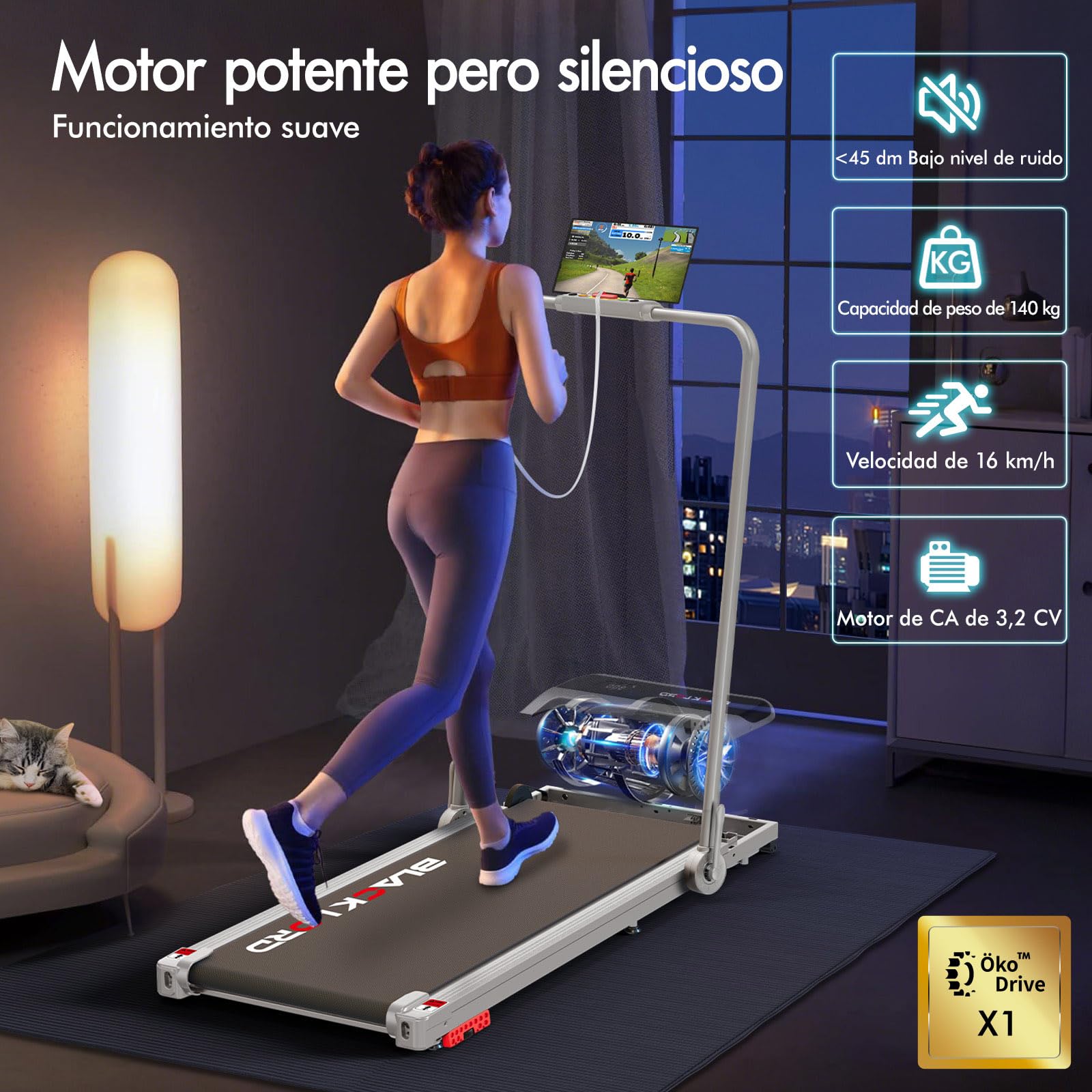 BLACK LORD Cinta de Correr, Walking Pad con/sin inclinación del 9%, Superficie de Carrera,9/12/16km/h, para Debajo del Escritorio, Pantalla LED, portátil,silenciosa,Capacidad de Peso de 120/130/140kg
