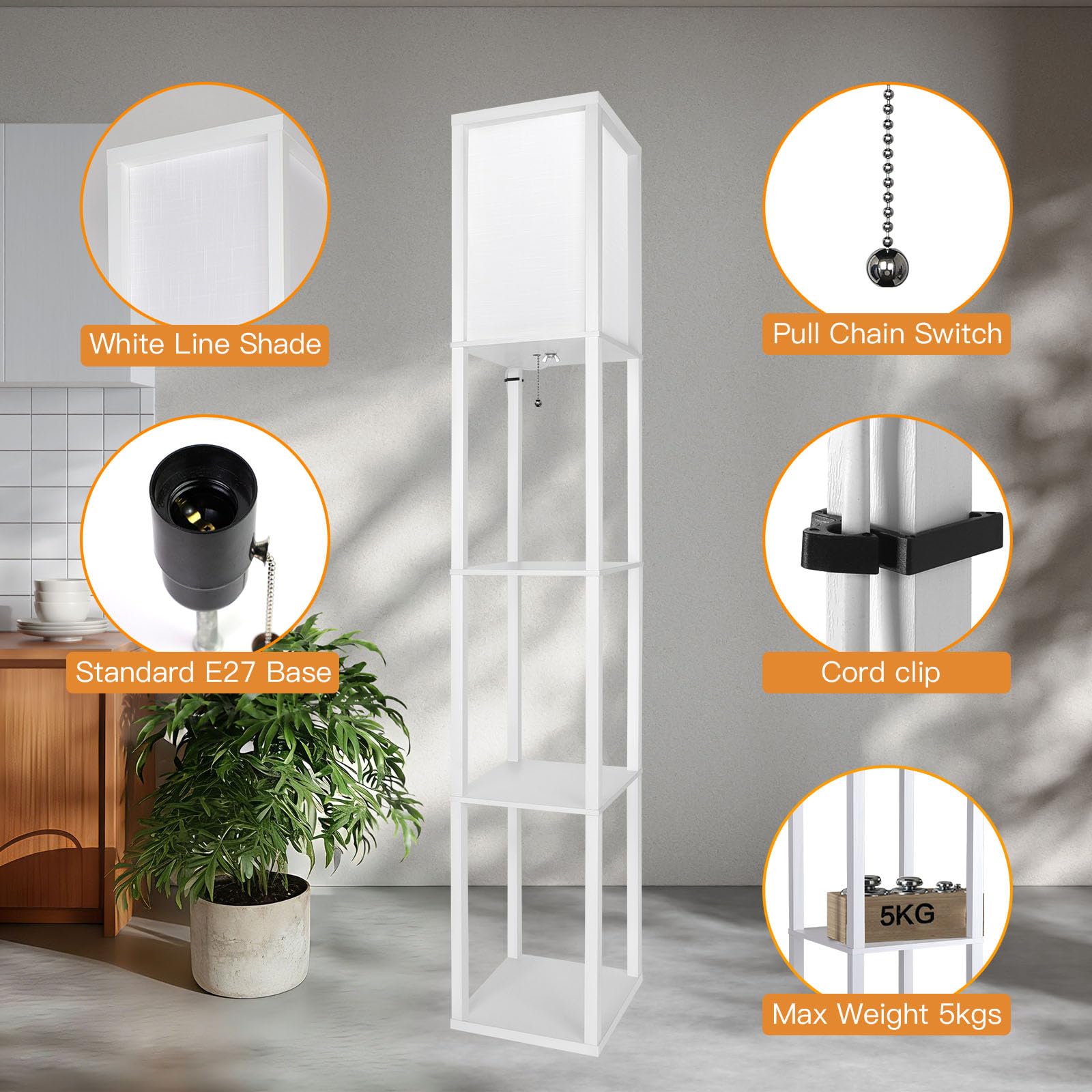 Omdekor Floor Lamp aus Holz, Wohnzimmer Stehlampe mit Fassung, Stehleuchte mit Regal 3 Farbtemperaturen 3000-5000K, Vintage Stehlampen für Wohnzimmer Schlafzimmer Arbeitszimmer Büro