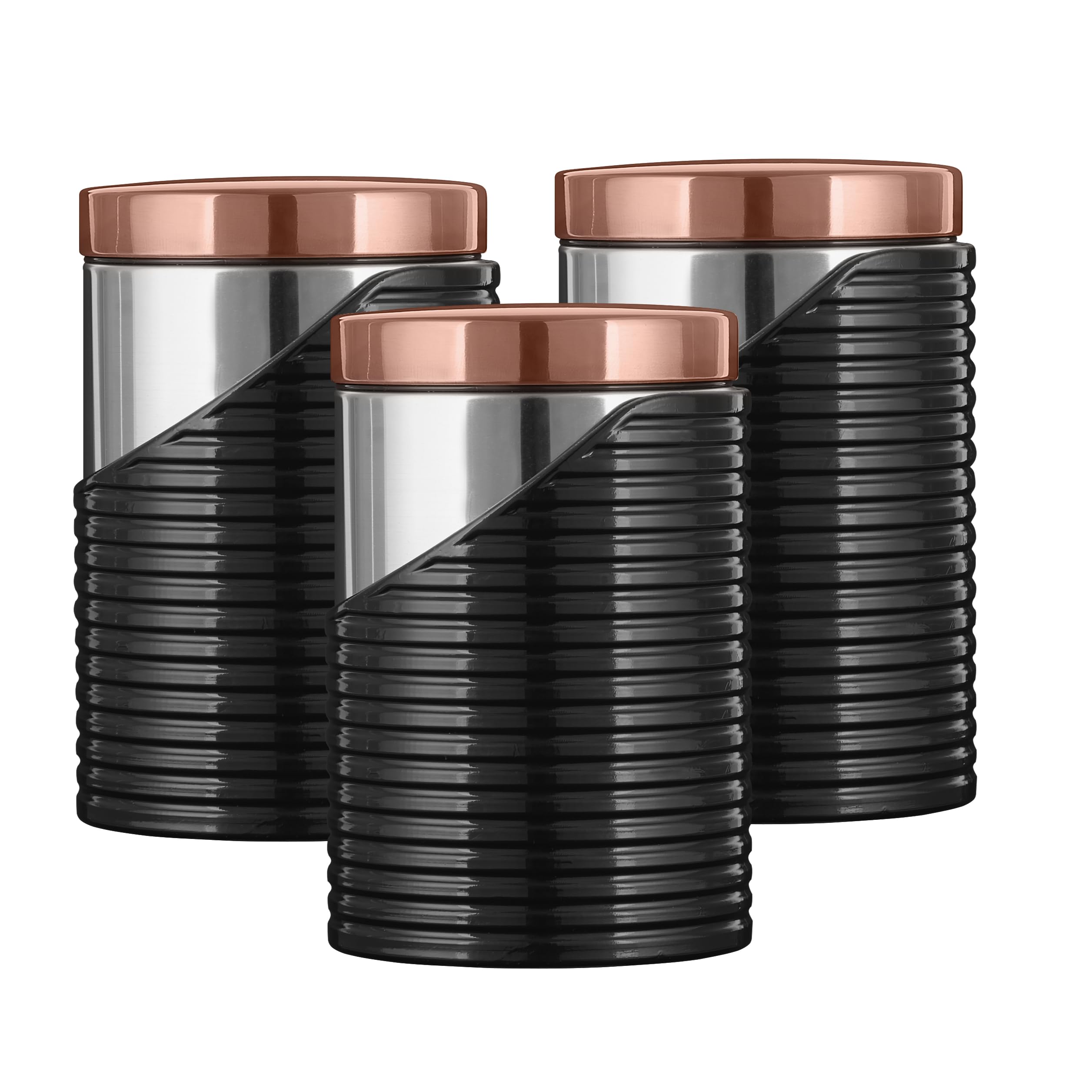 Tower Linear Set of 3 Storage Canisters, Stainless Steel, Black and Rose Gold , 11.6 x 11.6 x 17cm
